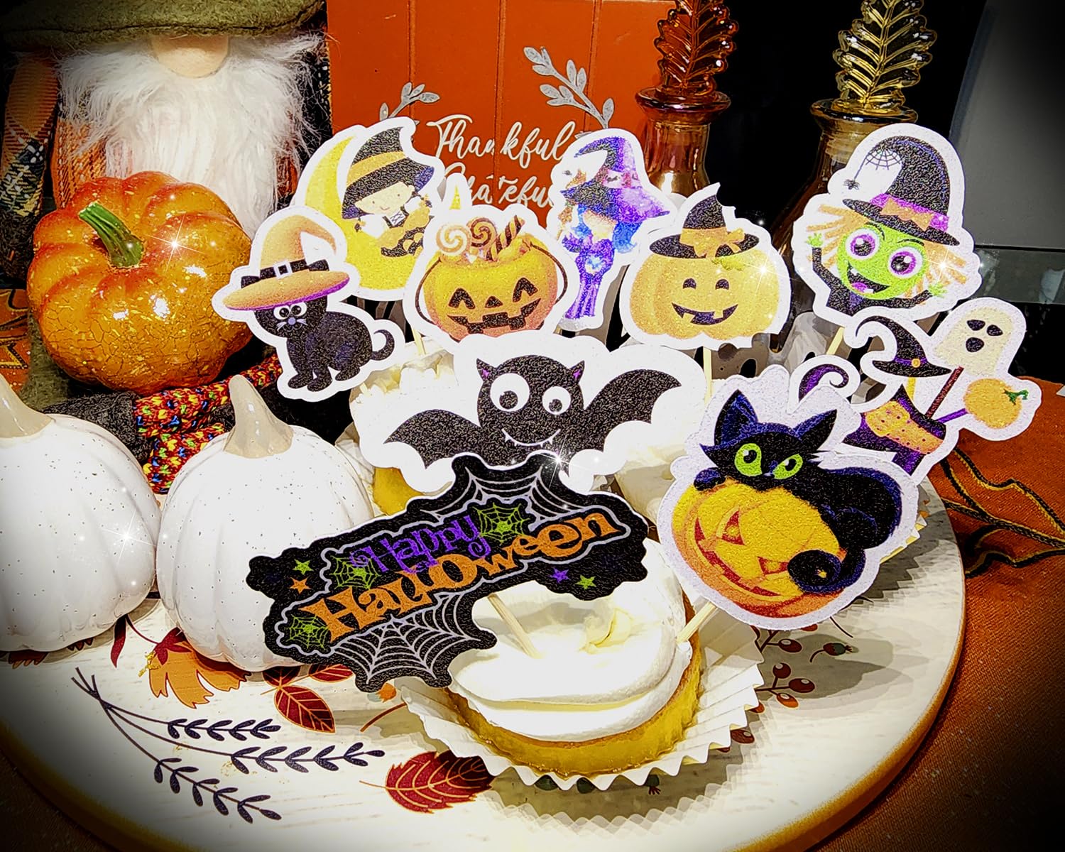 24 Pcs Halloween Cupcake Toppers - 10 Designs Cupcake Cake Decorations for Halloween Party Supplies, dessert decorations.