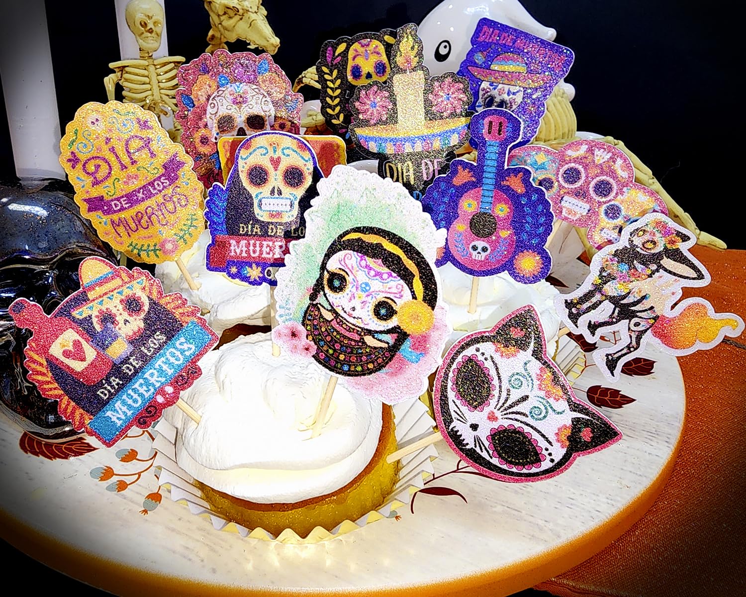 24 Pcs Dia De Muertos Cupcake Toppers. 14 Designs Cupcake Toppers for Cake Decorations. Dia De Muertos Party Supplies.