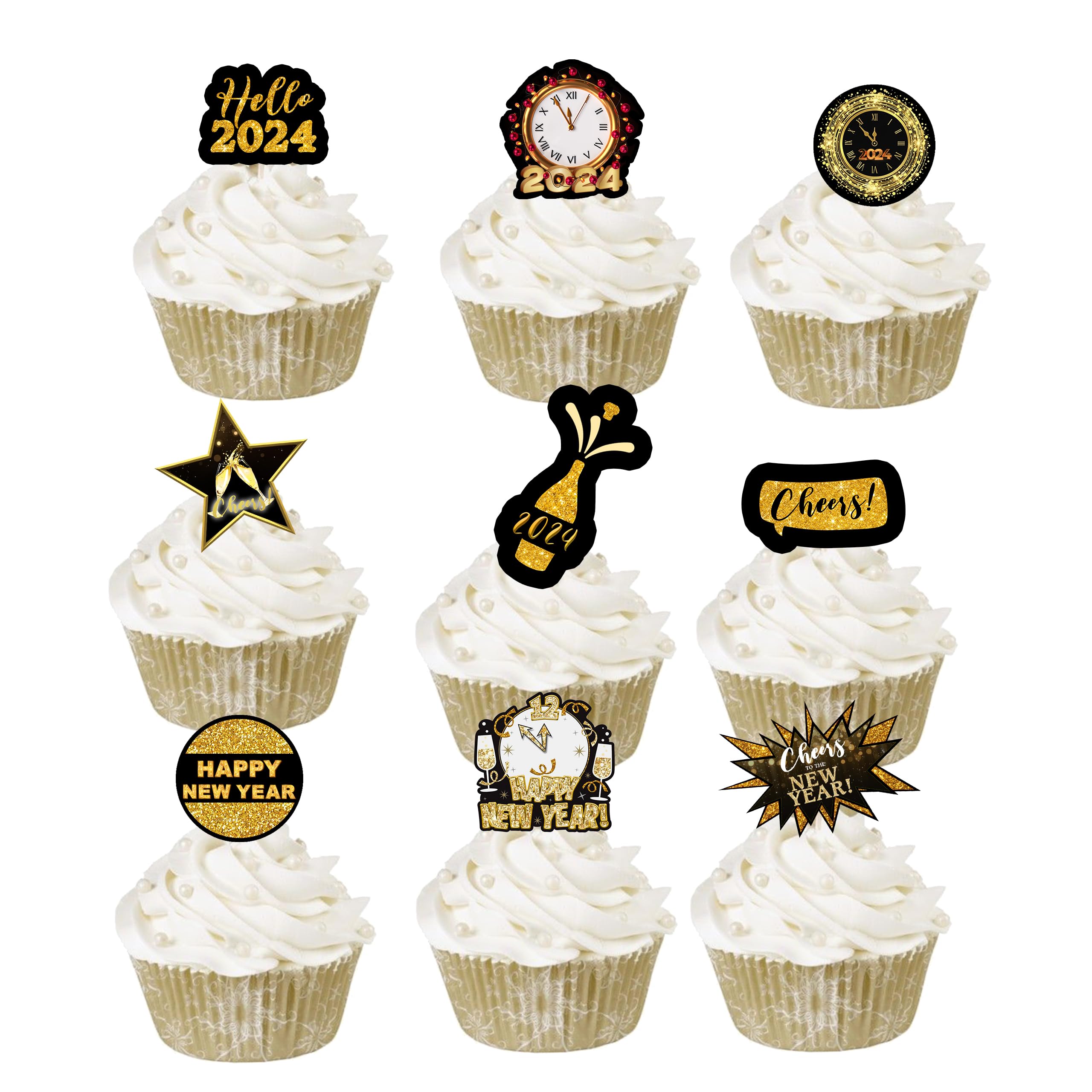 24 Pieces New Years 2024 Cupcake Toppers Glitter New Years 2024 Cupcake Toppers Black and Gold Hello 2024 Party Decorations for Celebration New Years Eve Party Favors Supplies