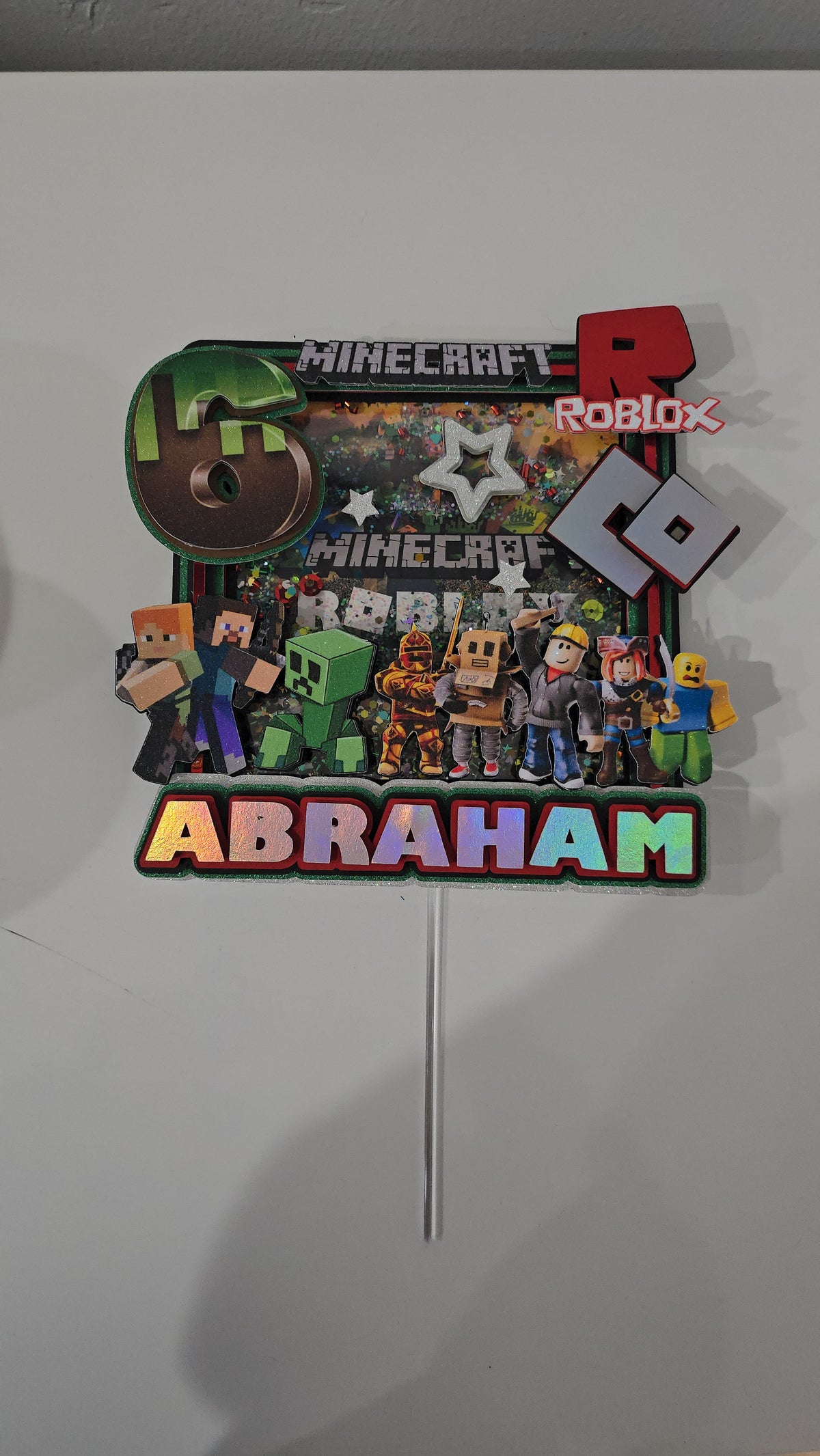 Adorno para tarta personalizado con purpurina 3D de dibujos animados de MINECRAFT y ROBLOX