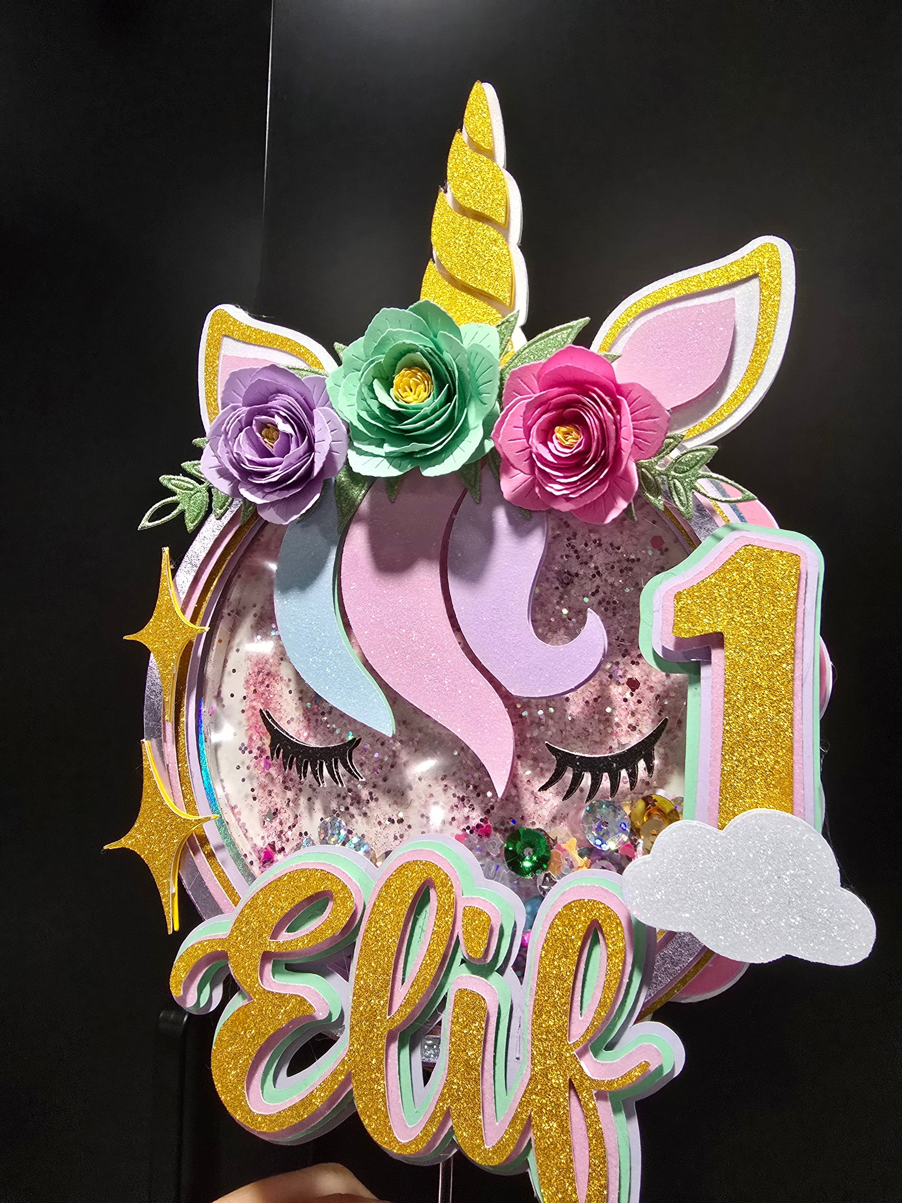 Personalized 3D Glitter Cartoon Cake Topper UNICORNIO