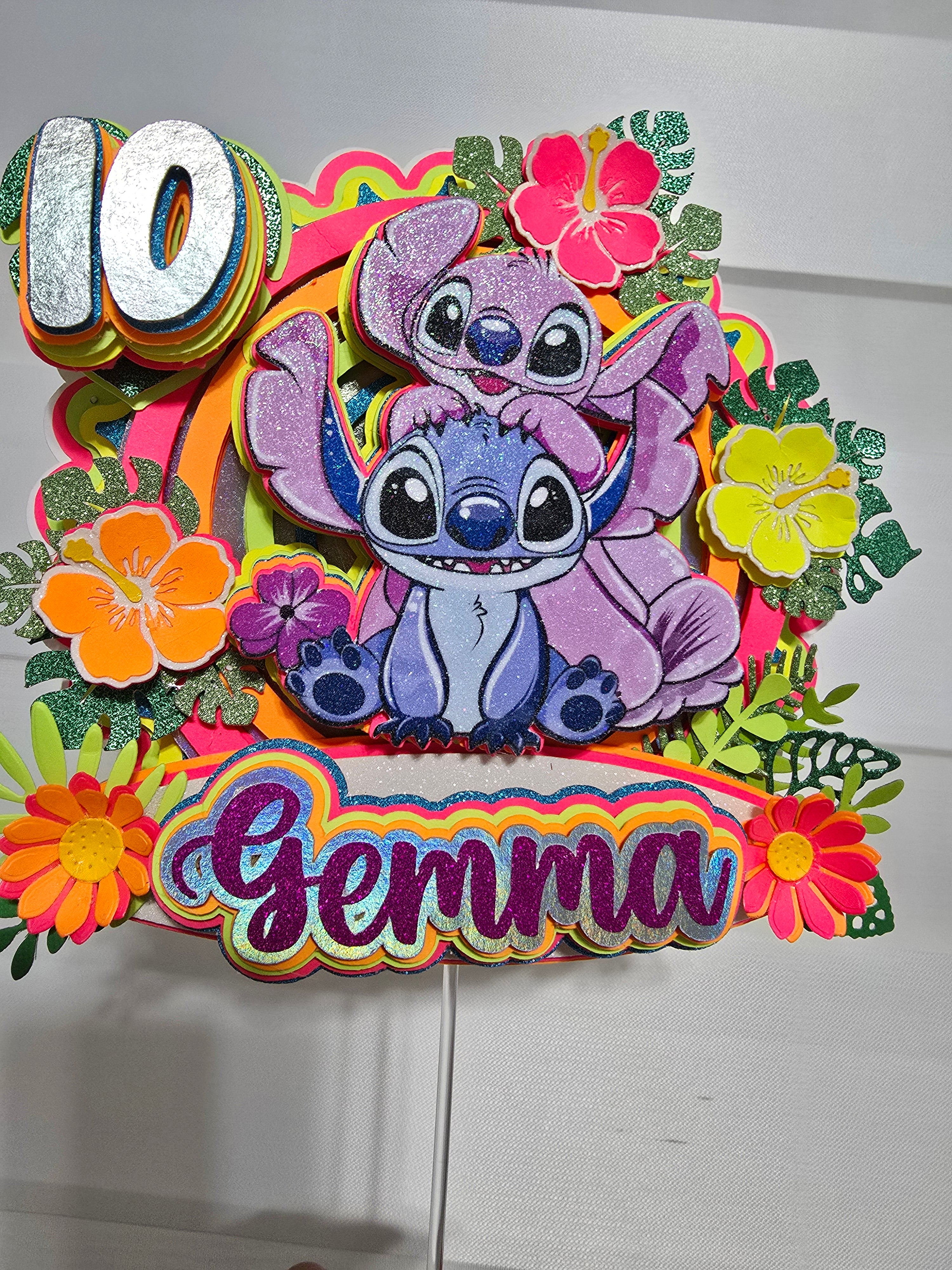 Personalized 3D Glitter Cartoon Cake Topper STICH NEON
