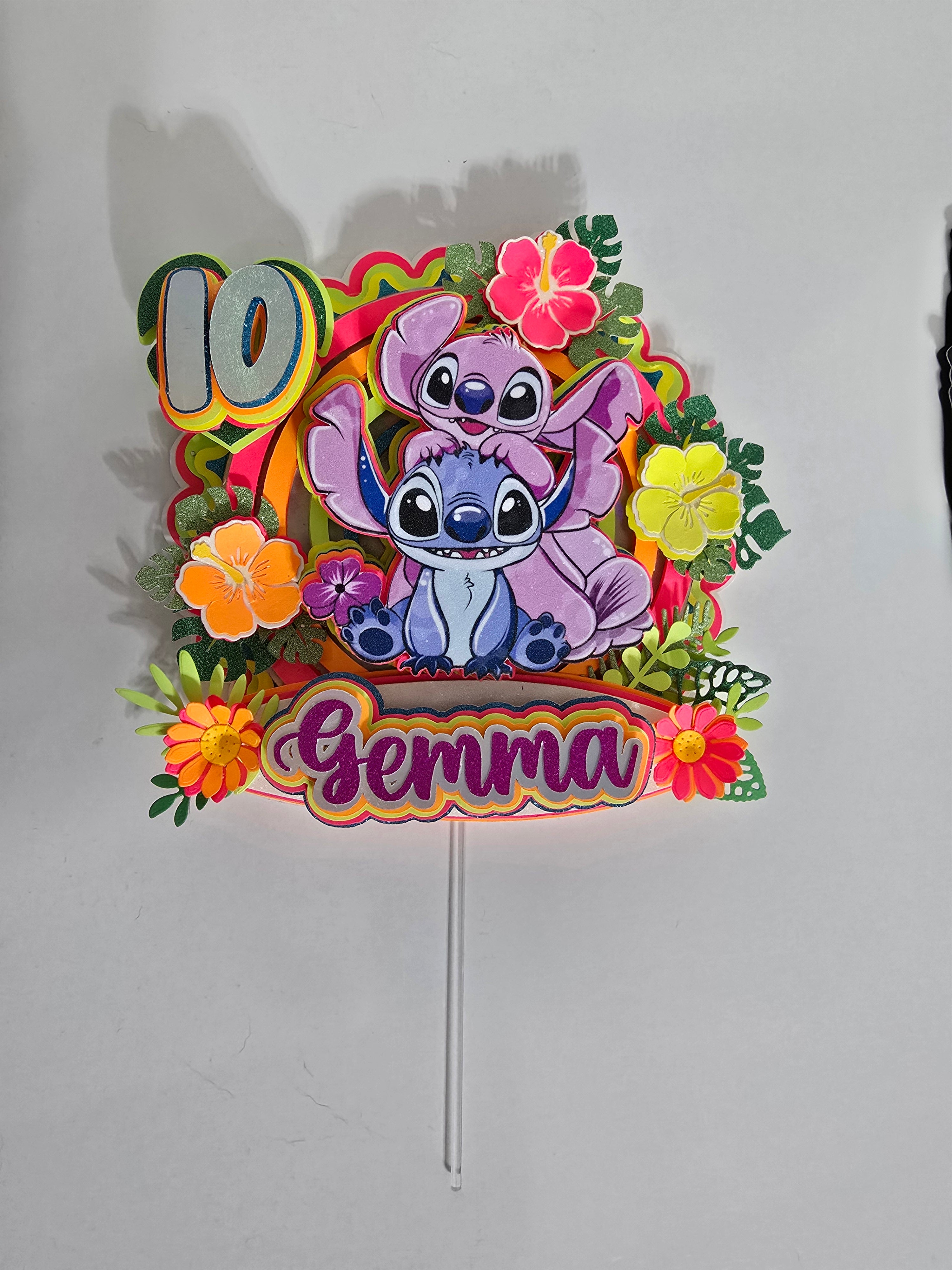 Personalized 3D Glitter Cartoon Cake Topper STICH NEON