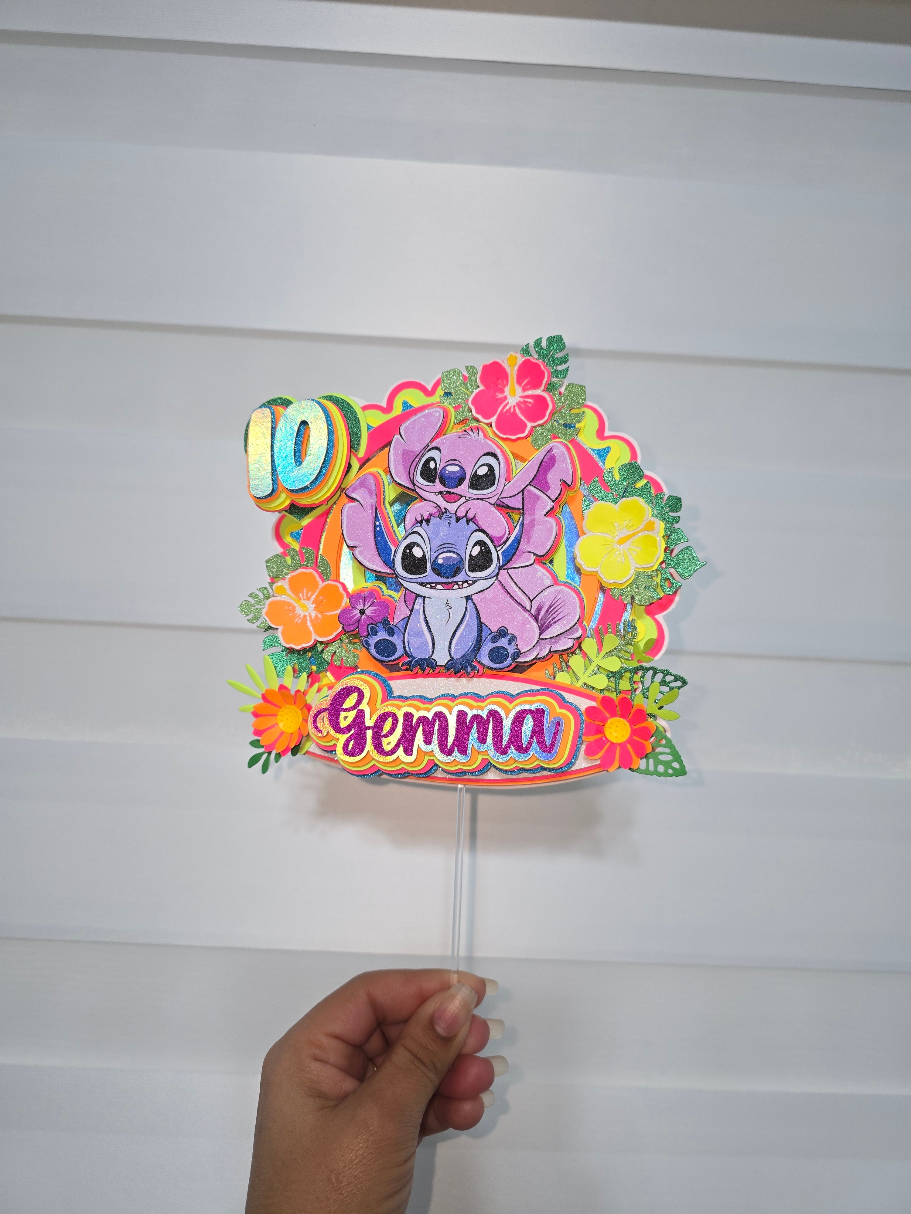 Personalized 3D Glitter Cartoon Cake Topper STICH NEON