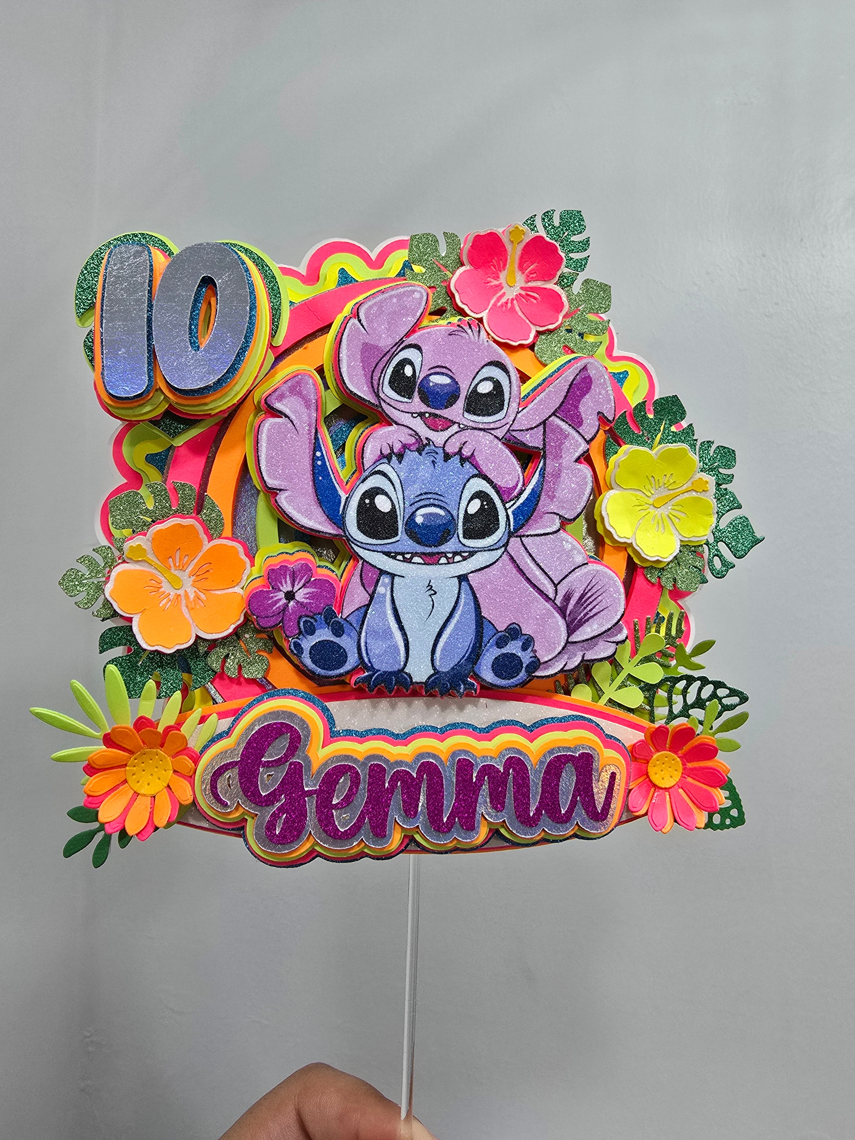 Personalized 3D Glitter Cartoon Cake Topper STICH NEON