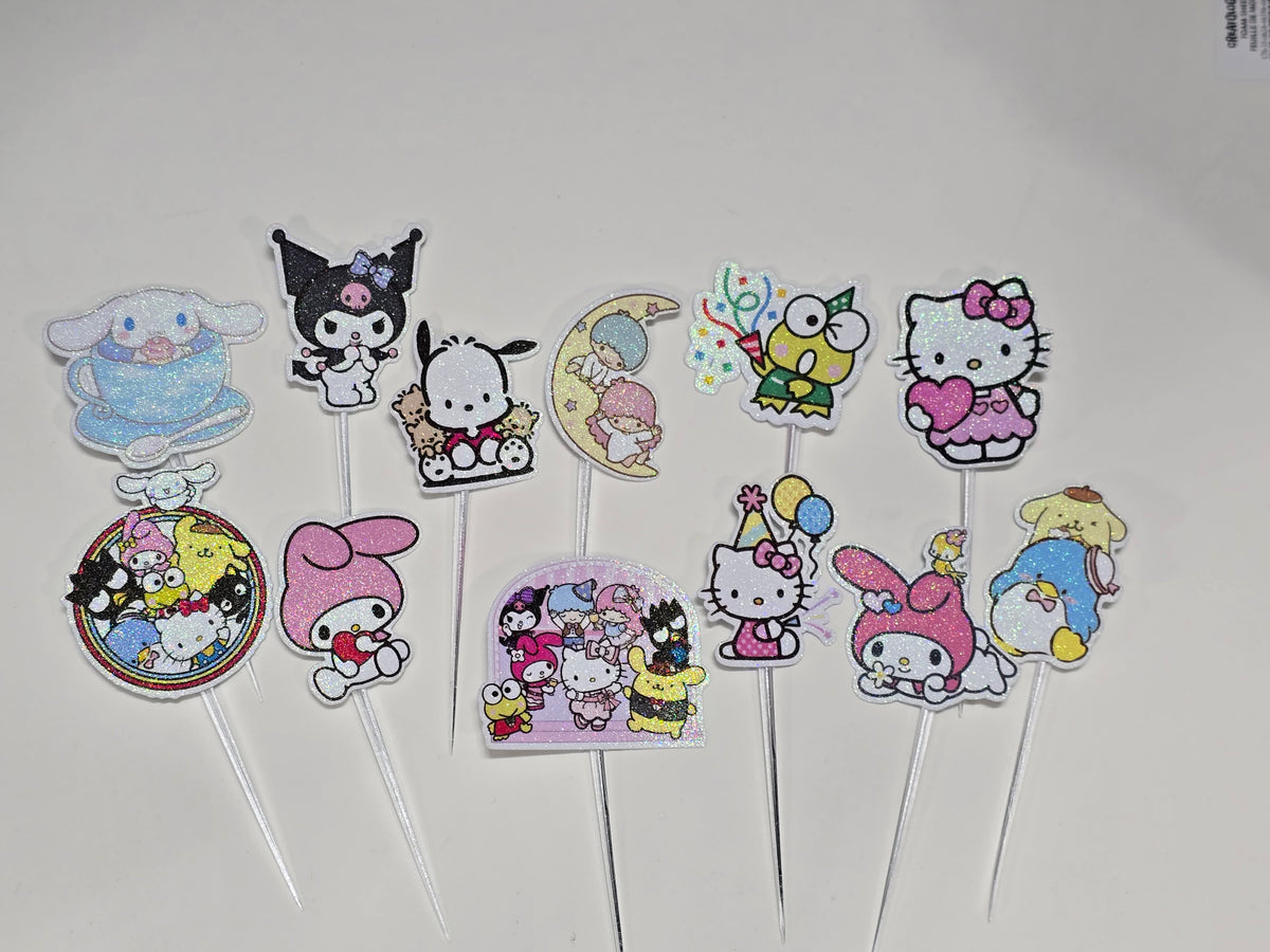 24 adornos brillantes para cupcakes. 12 diseños de Sanrio. Decoración de comida y palillos para fiestas.