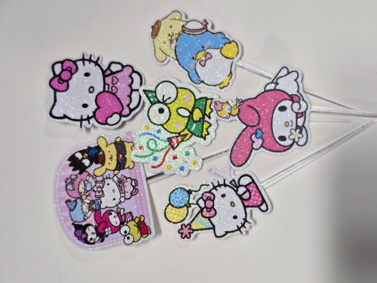 24 adornos brillantes para cupcakes. 12 diseños de Sanrio. Decoración de comida y palillos para fiestas.