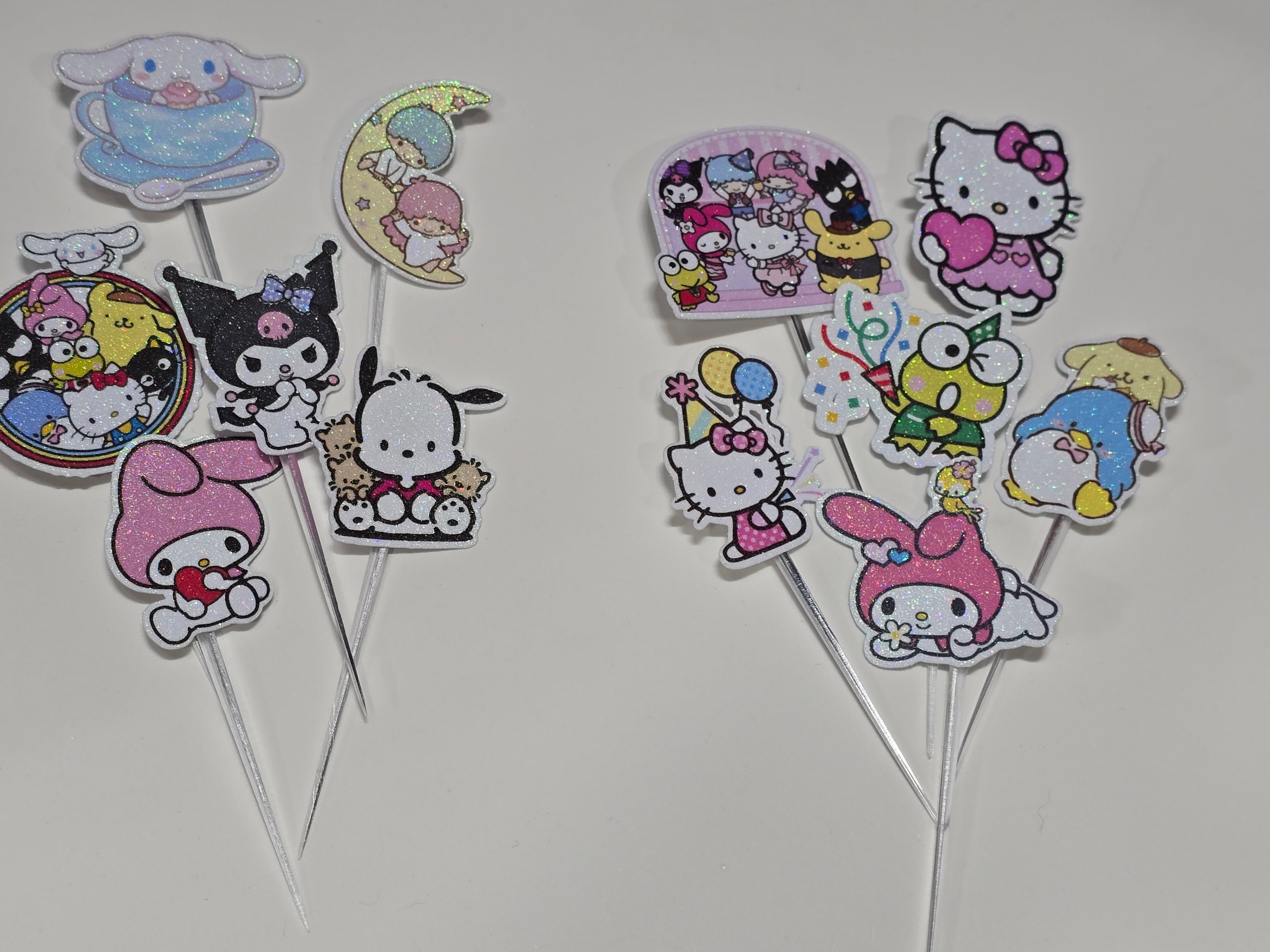 12-24 Pcs Glitter Cupcake Toppers. 12 Design sanrio Cupcake Toppers. Food Decoration, Picks for Party Supplies