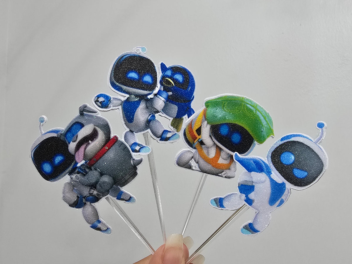 24 adornos brillantes para cupcakes. 12 diseños de astrobots. Decoración de comida y palillos para fiestas.