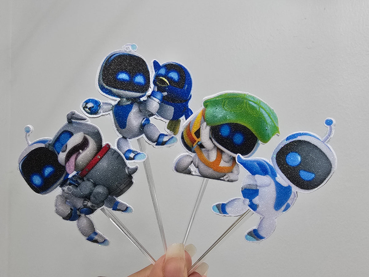 24 adornos brillantes para cupcakes. 12 diseños de astrobots. Decoración de comida y palillos para fiestas.
