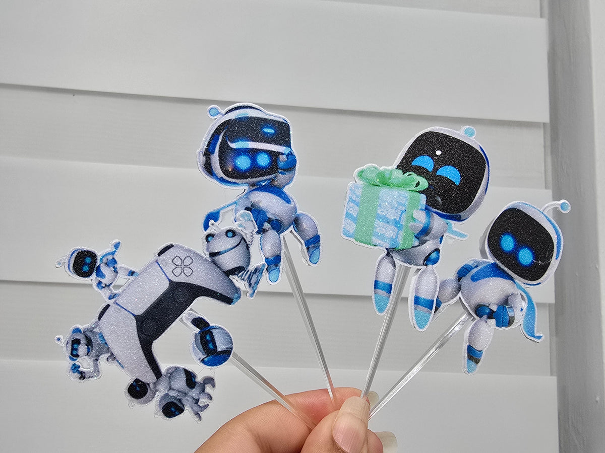 24 adornos brillantes para cupcakes. 12 diseños de astrobots. Decoración de comida y palillos para fiestas.