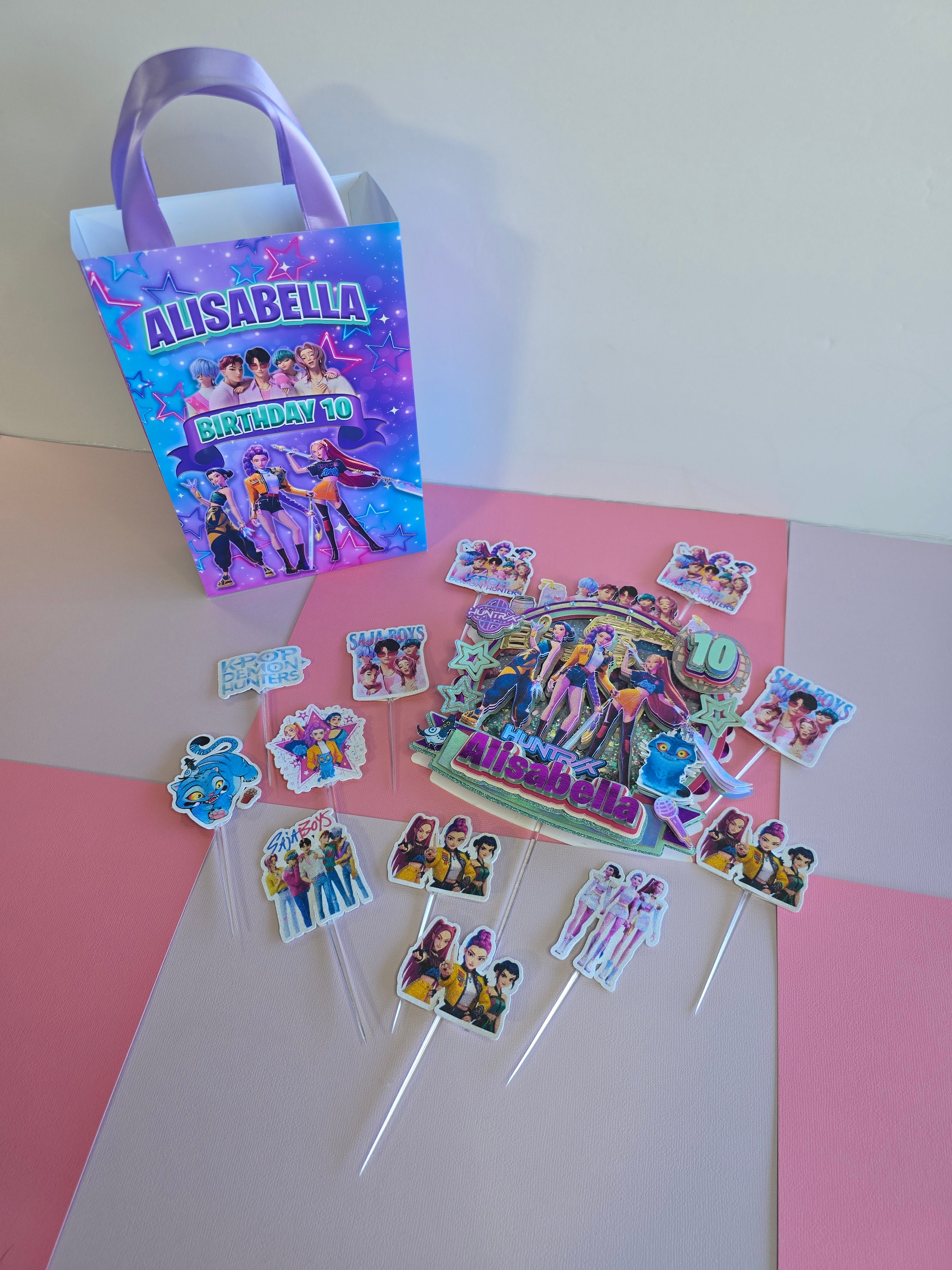 12 pcs Personalized Birthday Gift Bags with Name and Age – Bags with Ribbon Handles- 8.5"x5.5 k Pop