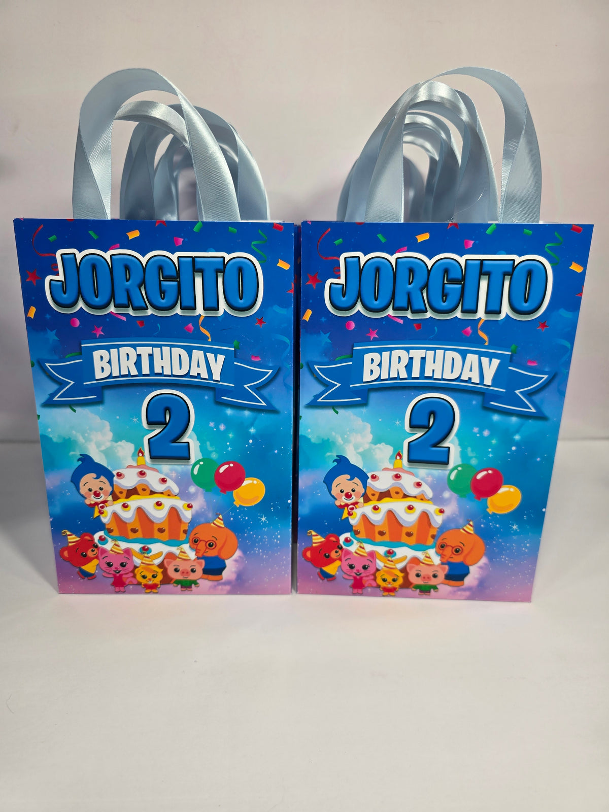 12 pcs Personalized Birthday Gift Bags with Name and Age – Bags with Ribbon Handles- 8.5"x5.5 (Plim plim)