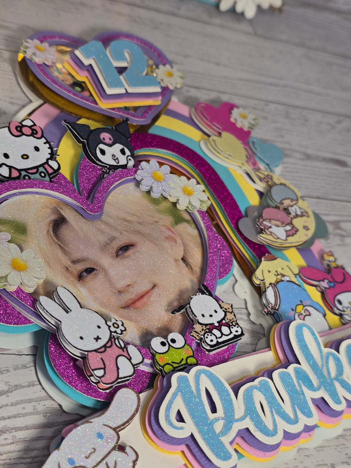 Personalized 3D Stray Kids x Sanrio Cake Topper – Glitter with Name & Age