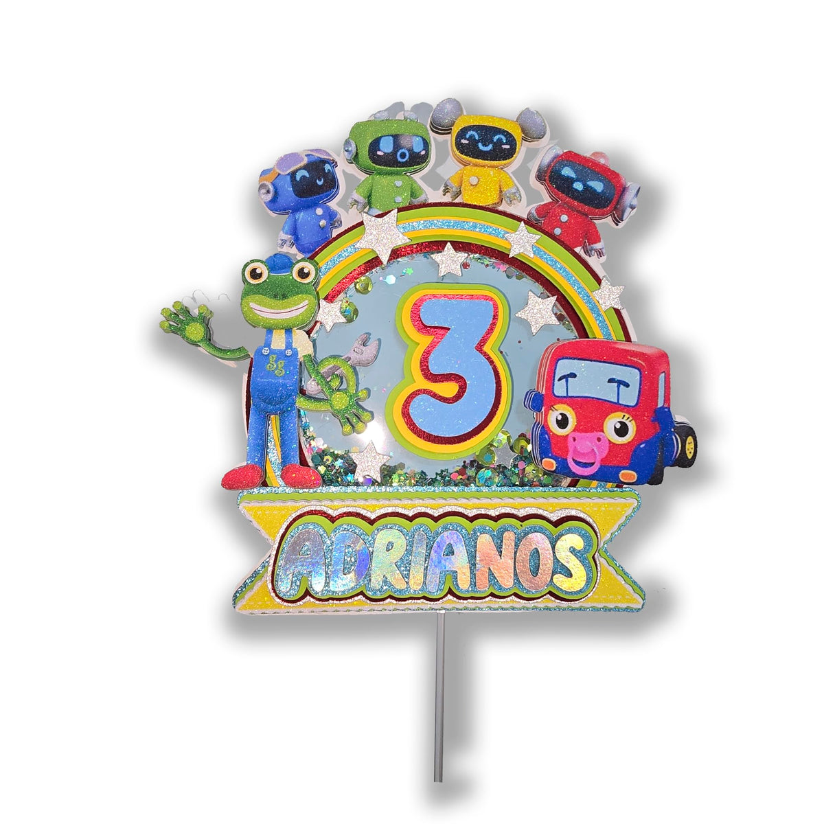 Adornos para tartas personalizados con dibujos animados de purpurina 3D para cumpleaños infantiles