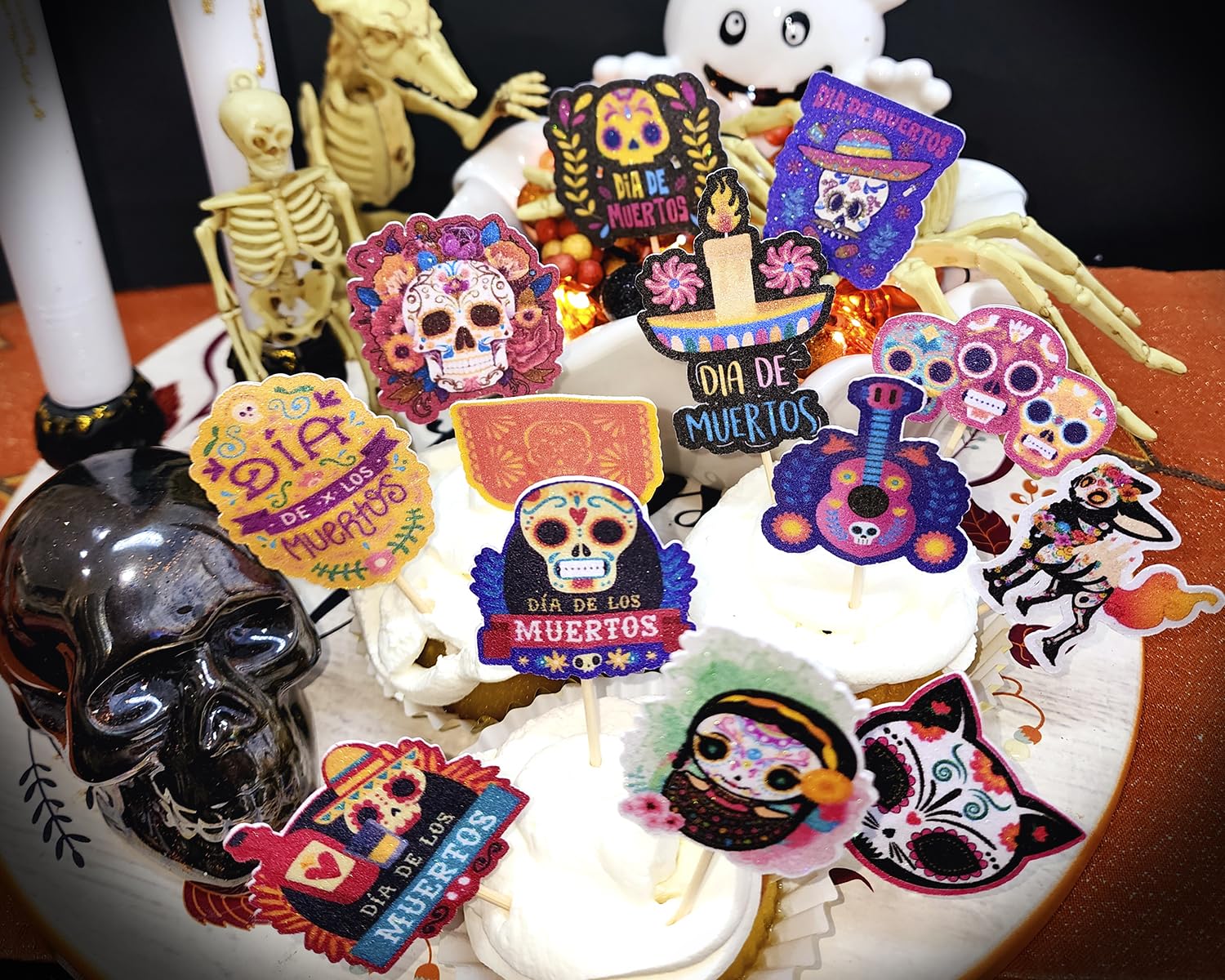 24 Pcs Dia De Muertos Cupcake Toppers. 14 Designs Cupcake Toppers for Cake Decorations. Dia De Muertos Party Supplies.