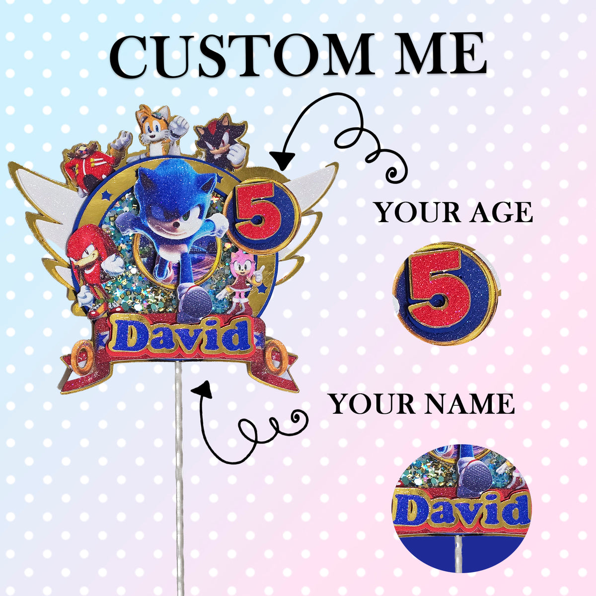 Adorno para tarta de SONIC con purpurina 3D personalizado