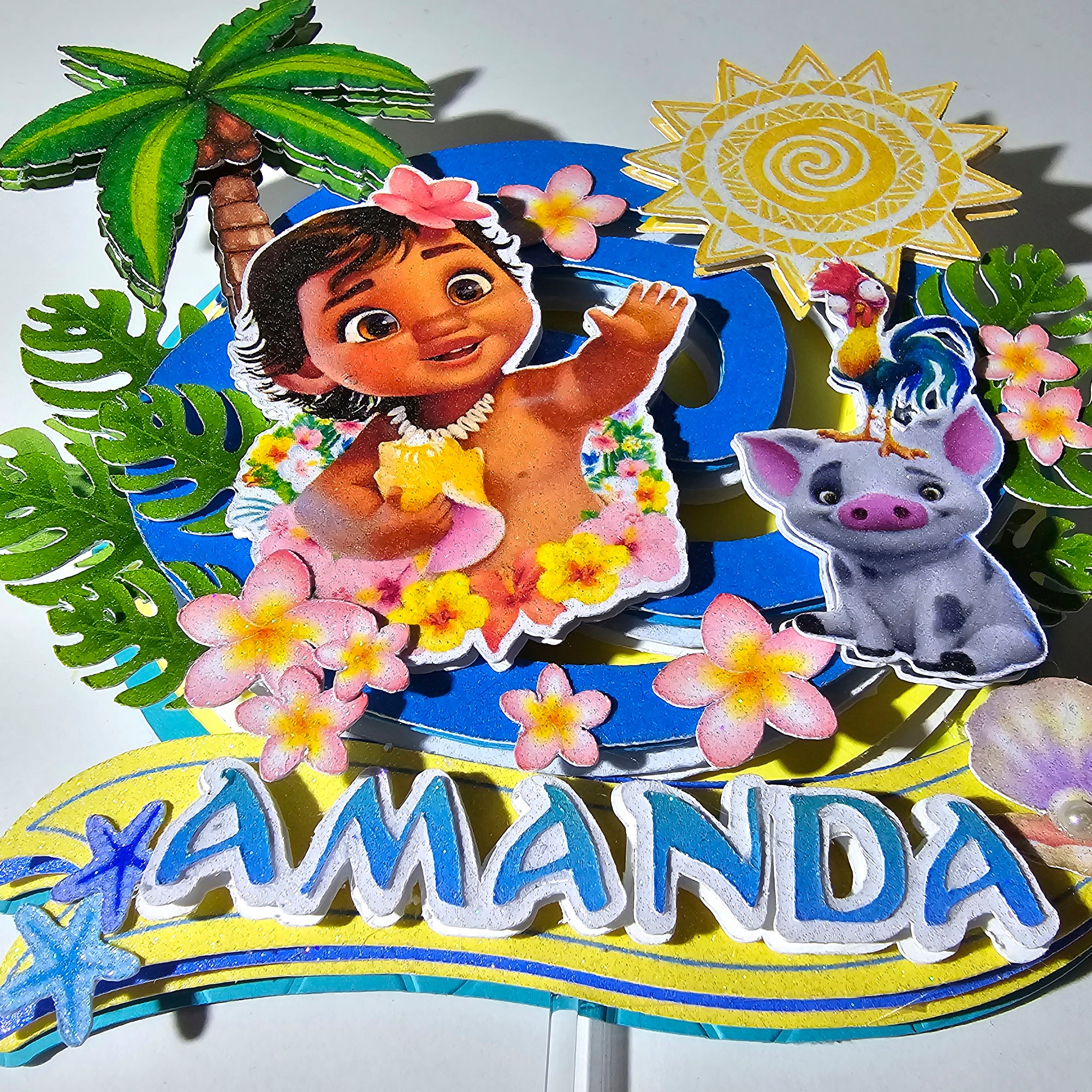 Personalized 3D Glitter Cartoon Cake Topper PRINCCES BABY MOANA