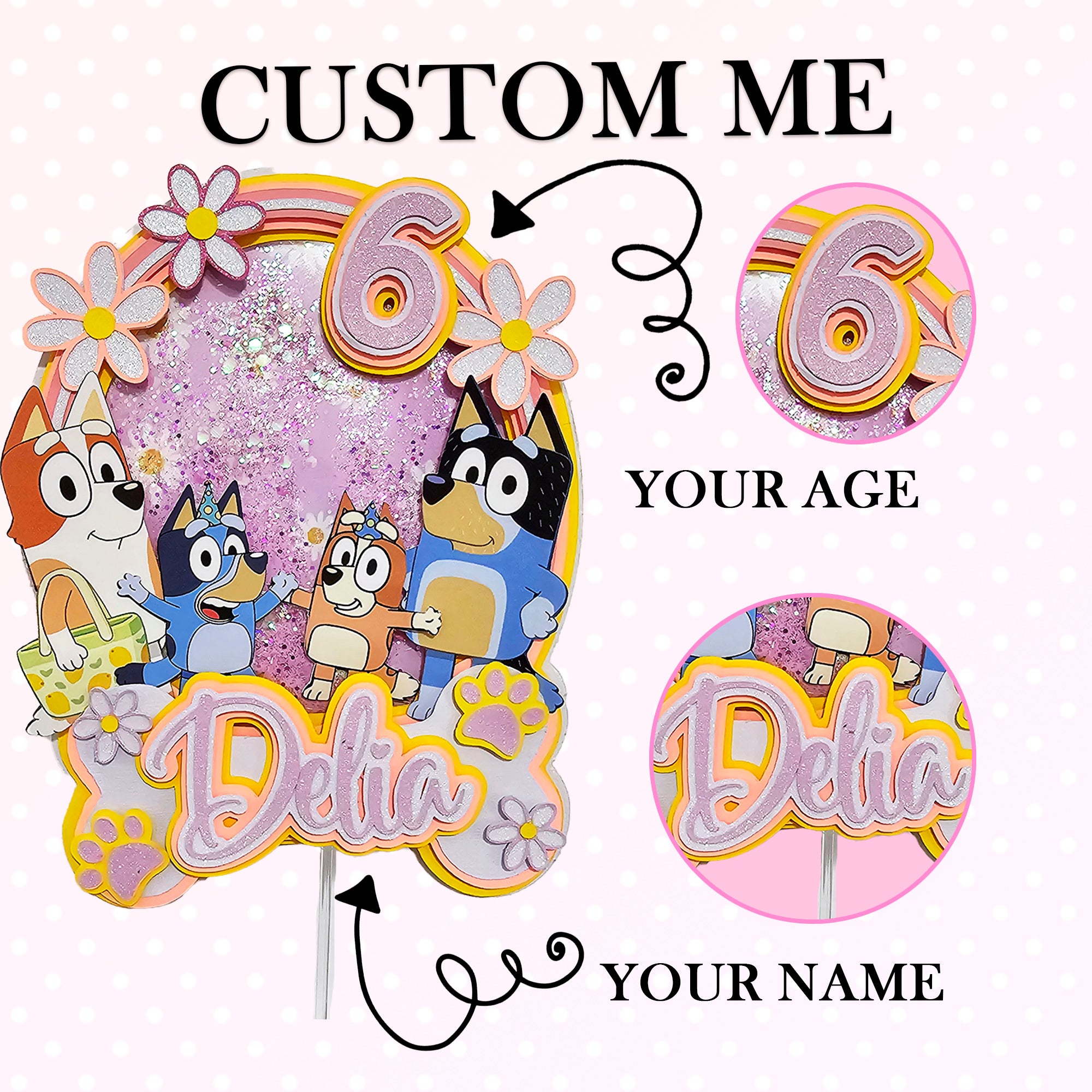 Personalized 3D Glitter Cartoon Cake Topper (BLUEY ROSA)
