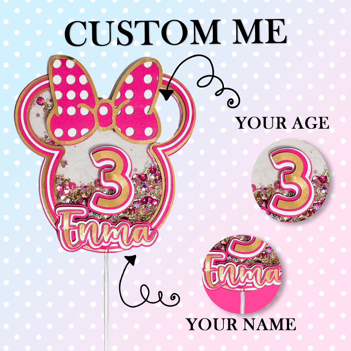 Adorno para tarta de Minnie con purpurina 3D personalizado