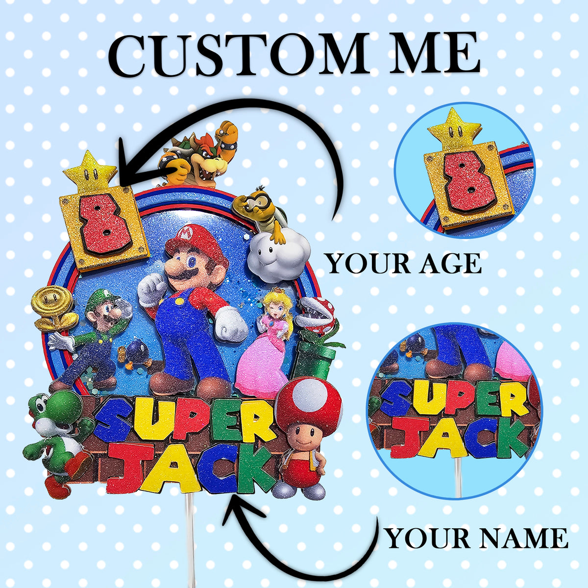 Adorno para tarta de dibujos animados con purpurina 3D personalizado de SUPER MARIO