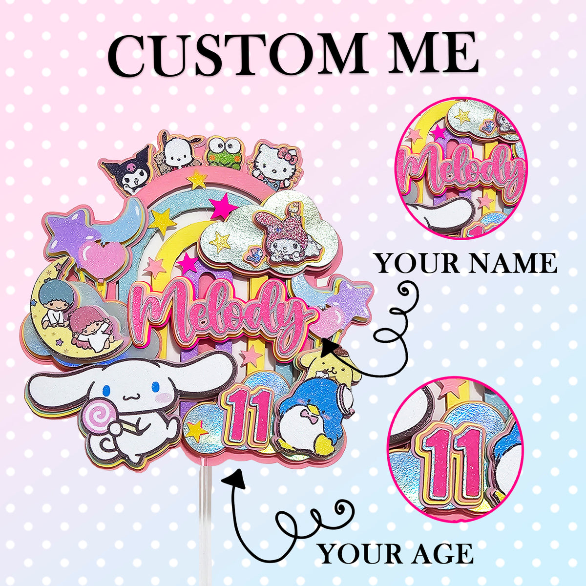 Adorno para tarta personalizado con purpurina 3D (SANRIO)