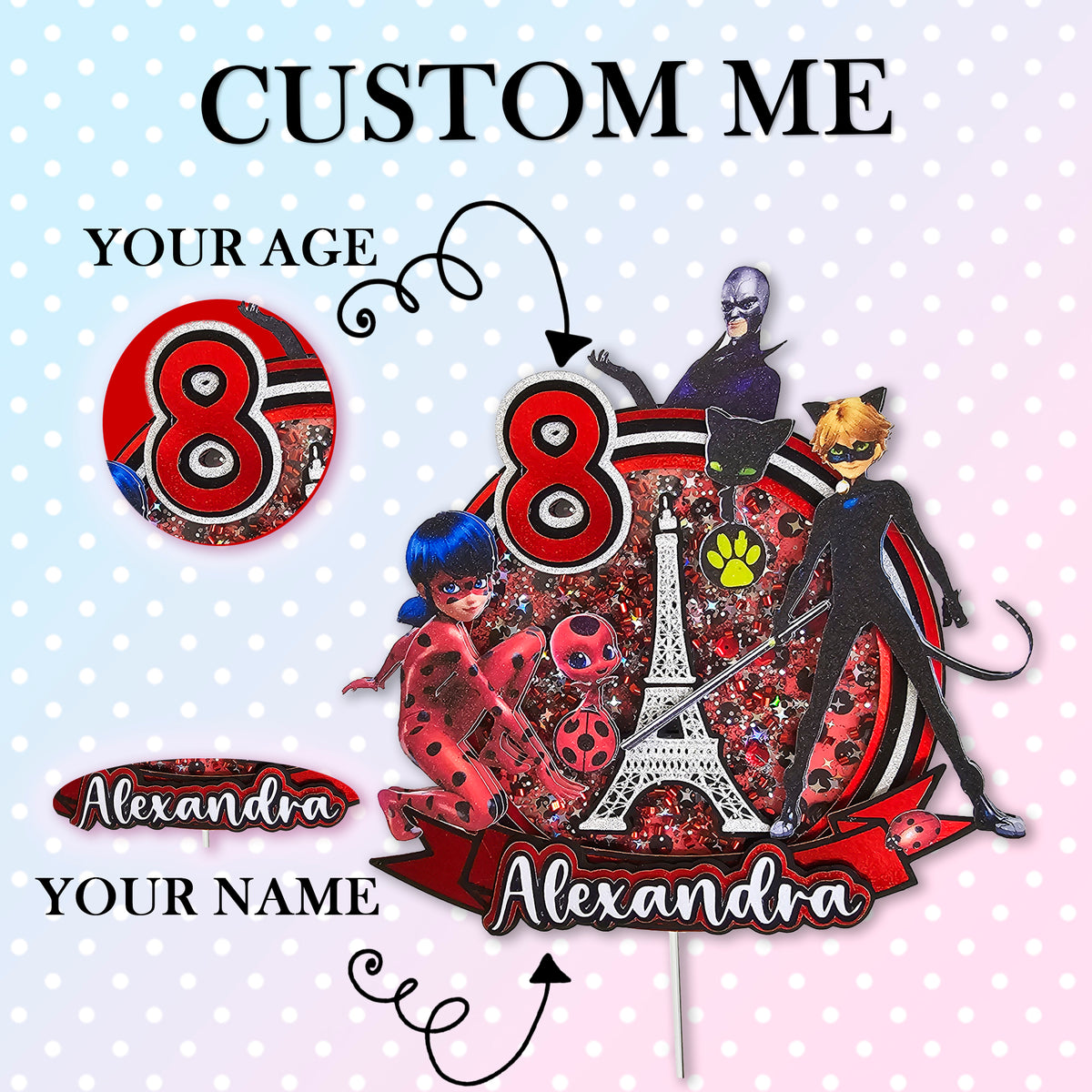 Personalized 3D Glitter Cake Topper (LADY BUG)