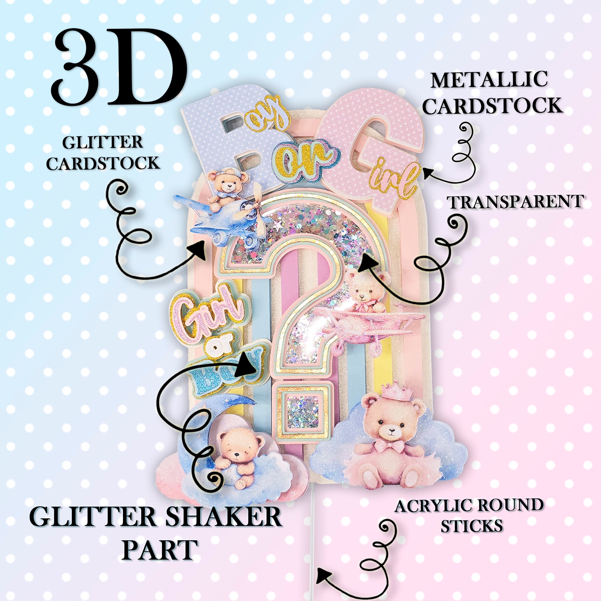 Personalized 3D Glitter Cartoon Cake Topper gender reveal