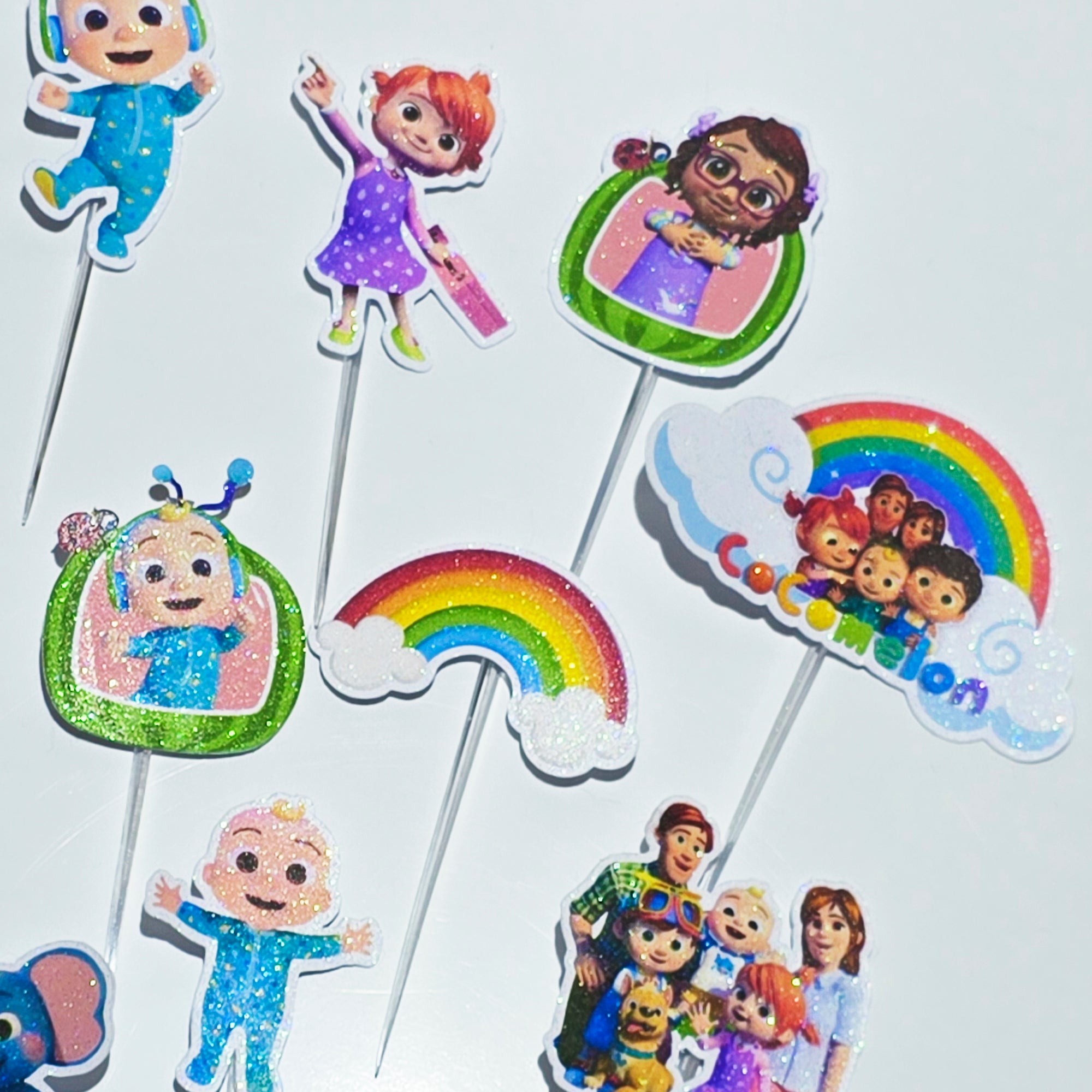 12-24 Pcs Glitter Cupcake Toppers. 12 Design cocomelon Cupcake Toppers. Food Decoration, Picks for Party Supplies