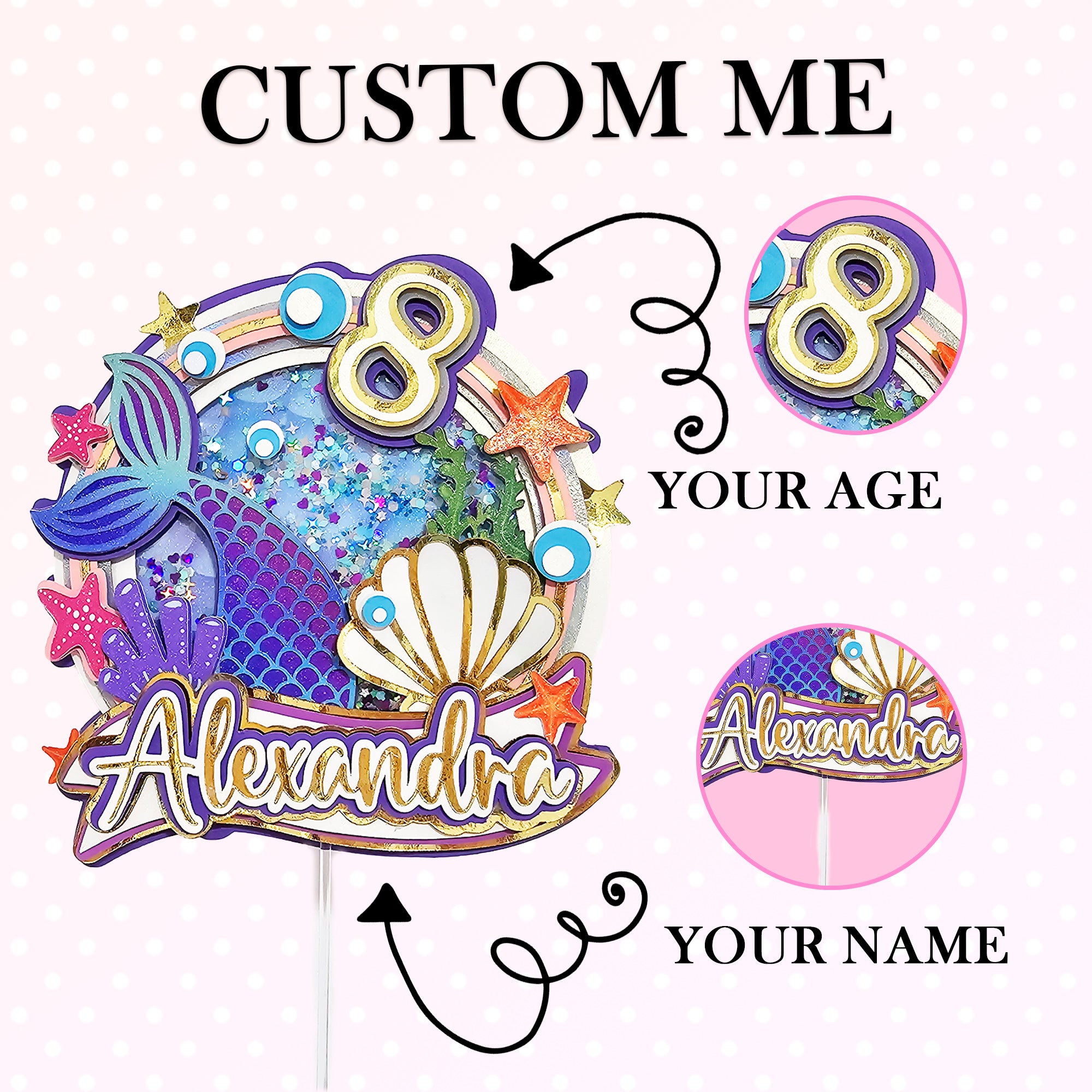 Personalized 3D Glitter Cartoon Cake Topper MERMAID