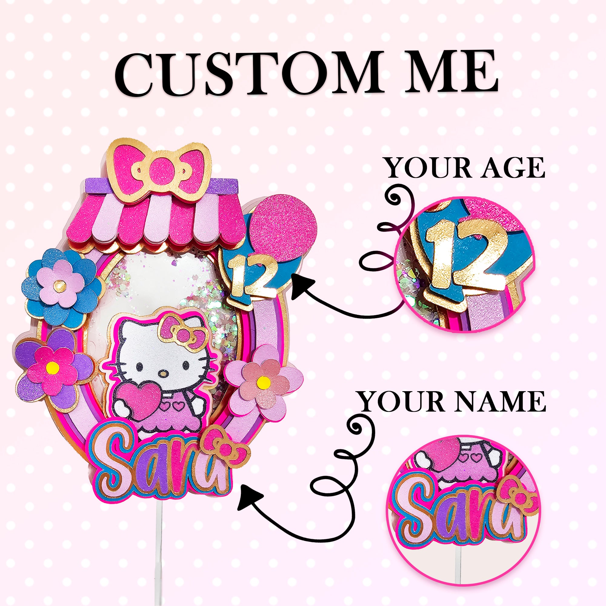 Personalized 3D Glitter Cartoon Cake Topper HELLO KITTY