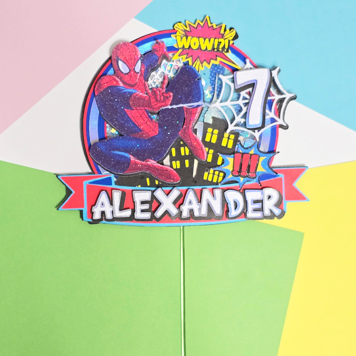 Adorno para tarta de Spiderman con purpurina 3D personalizado
