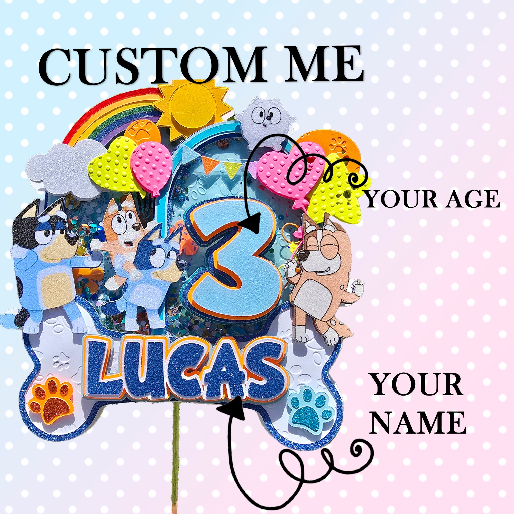 Personalized 3D Glitter Cake Topper bluey blue