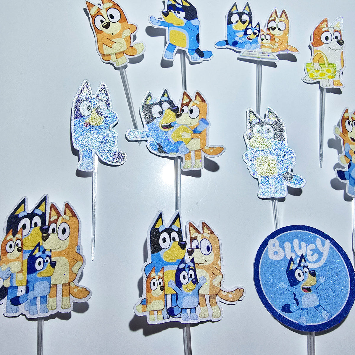 12 Pcs Glitter Cupcake Toppers. 12 Design Bluey Cupcake Toppers. Food Decoration, Picks for Party Supplies
