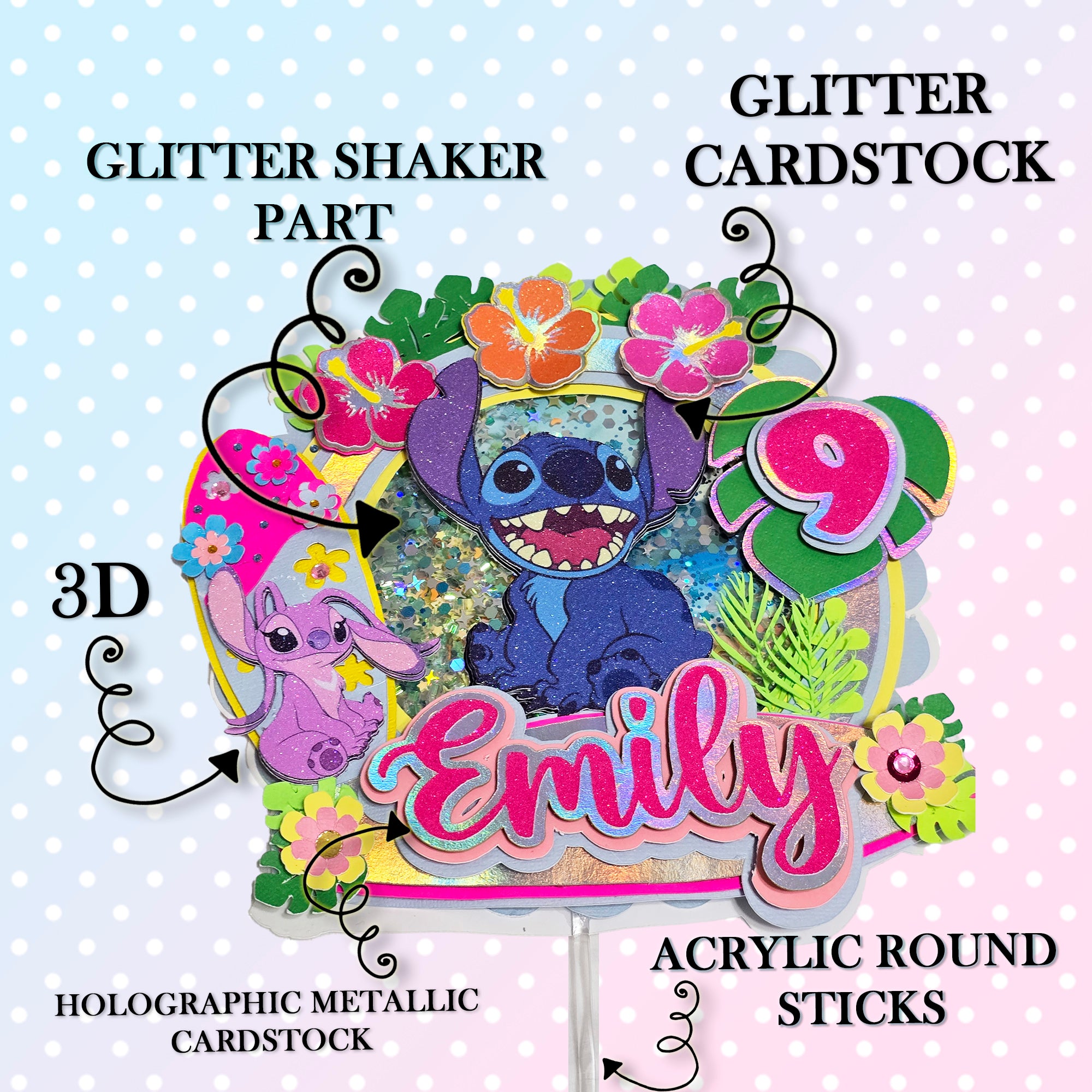 Personalized 3D Glitter Cartoon Cake Topper STICH 1