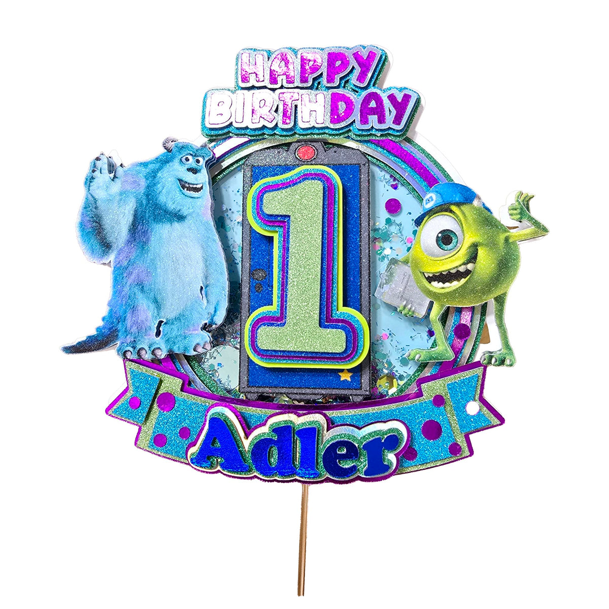 Adornos para tartas personalizados con dibujos animados de purpurina 3D para cumpleaños infantiles