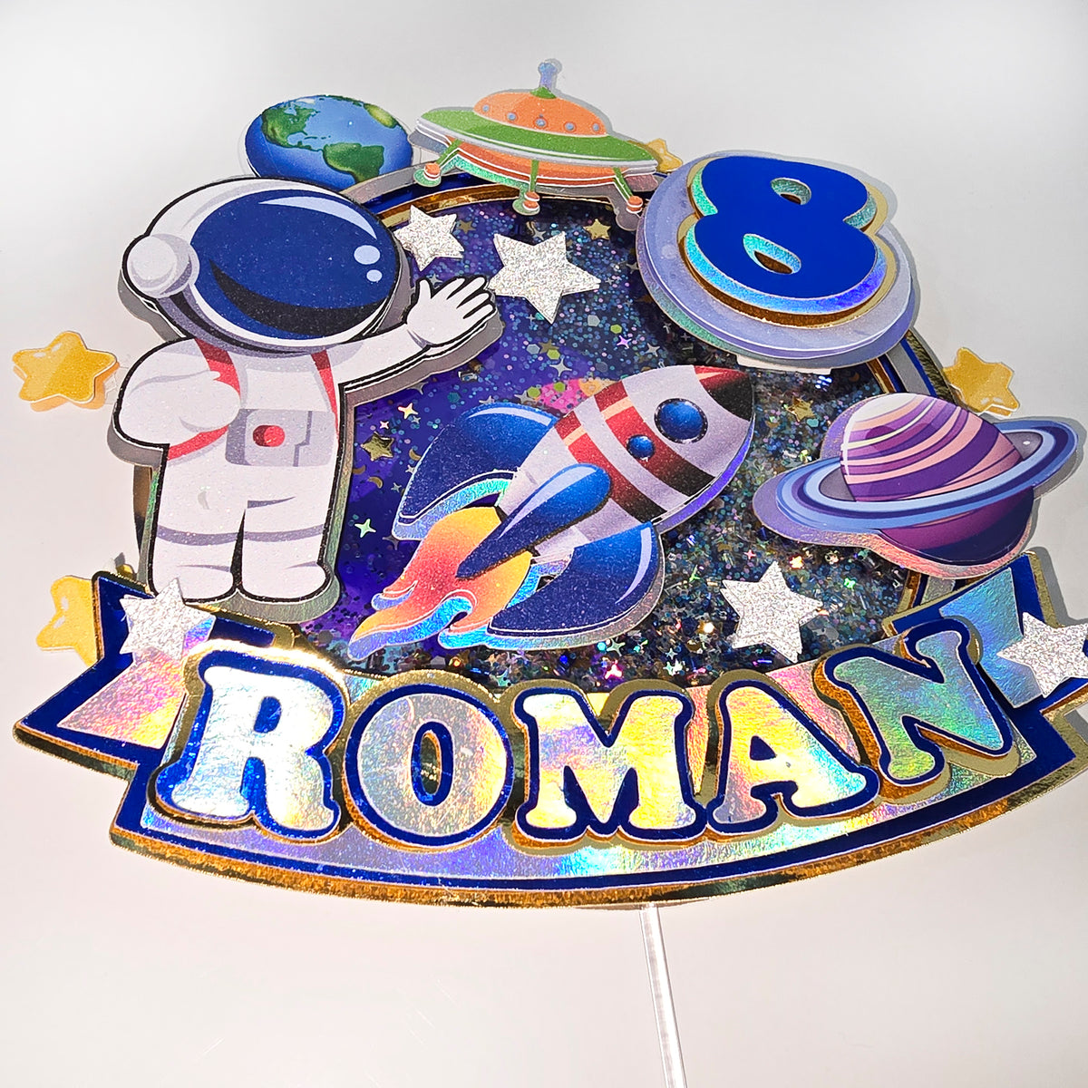 Adorno para tarta de astronauta personalizado con purpurina 3D