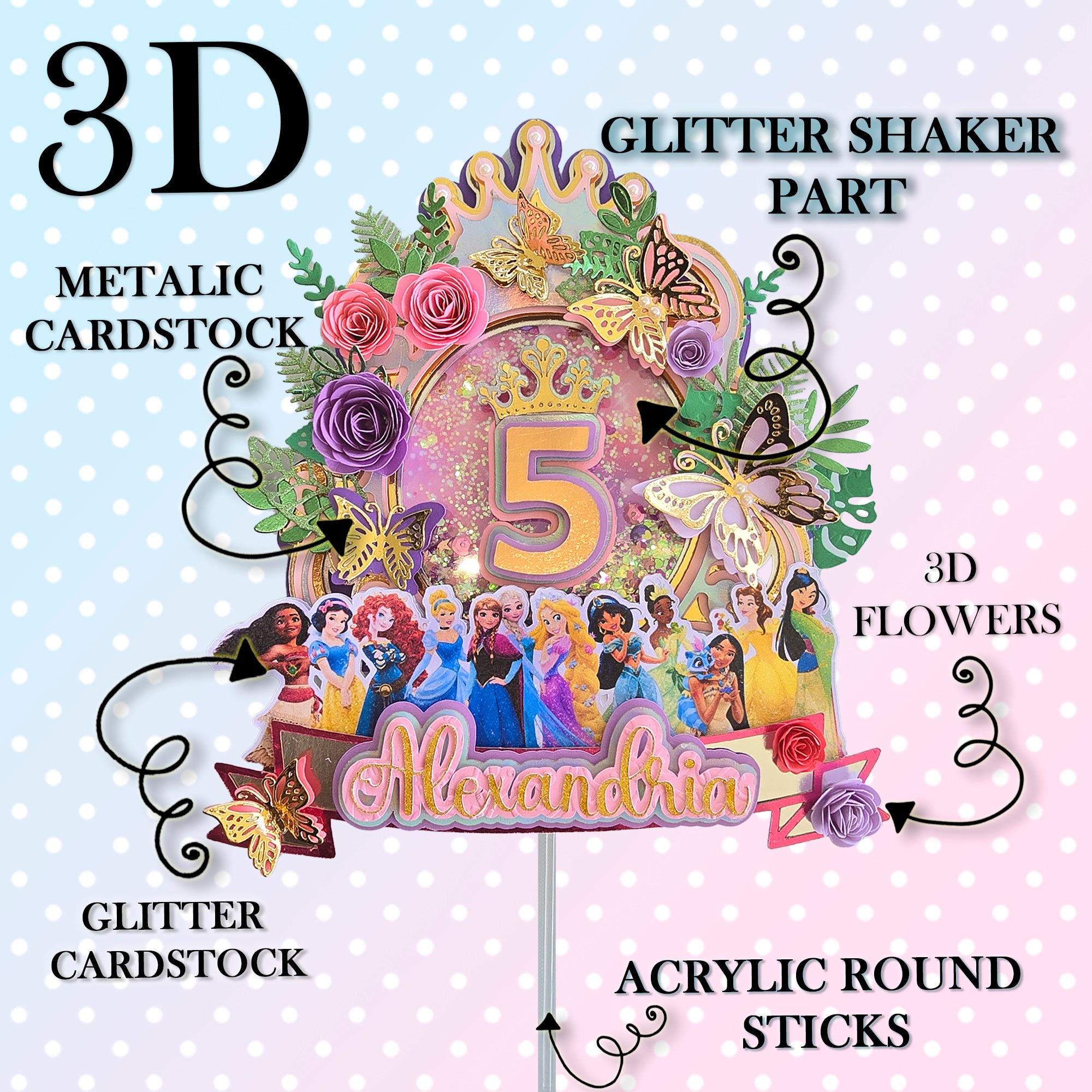 Personalized 3D Glitter Cartoon Cake Topper PRINCCES