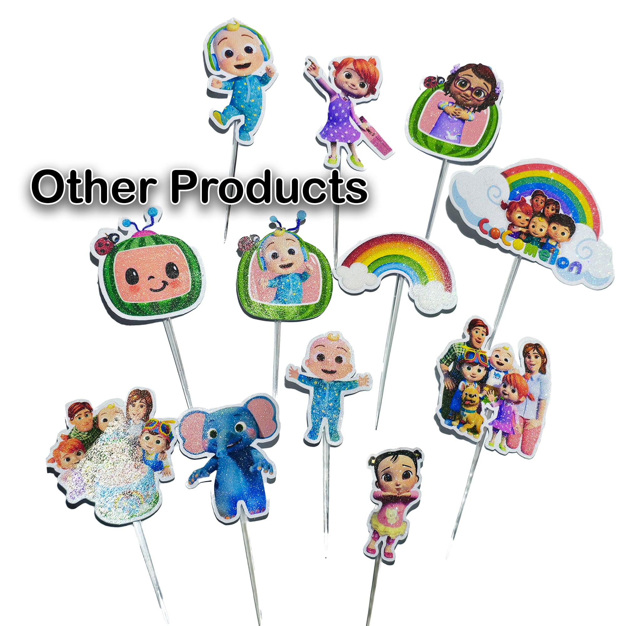 12-24 Pcs Glitter Cupcake Toppers. 12 Design cocomelon Cupcake Toppers. Food Decoration, Picks for Party Supplies