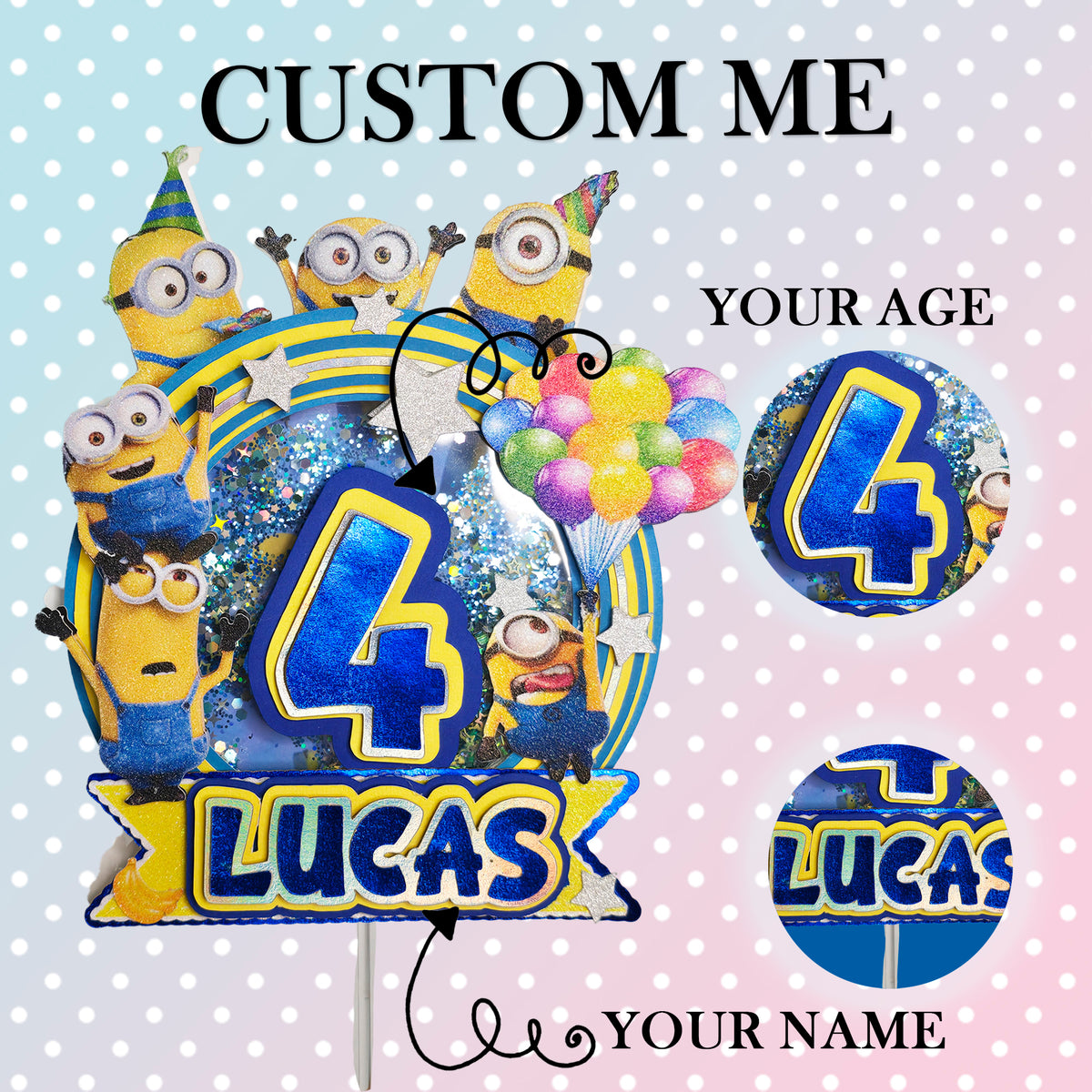 Adorno para tarta de dibujos animados con purpurina 3D personalizado de los MINNIONS