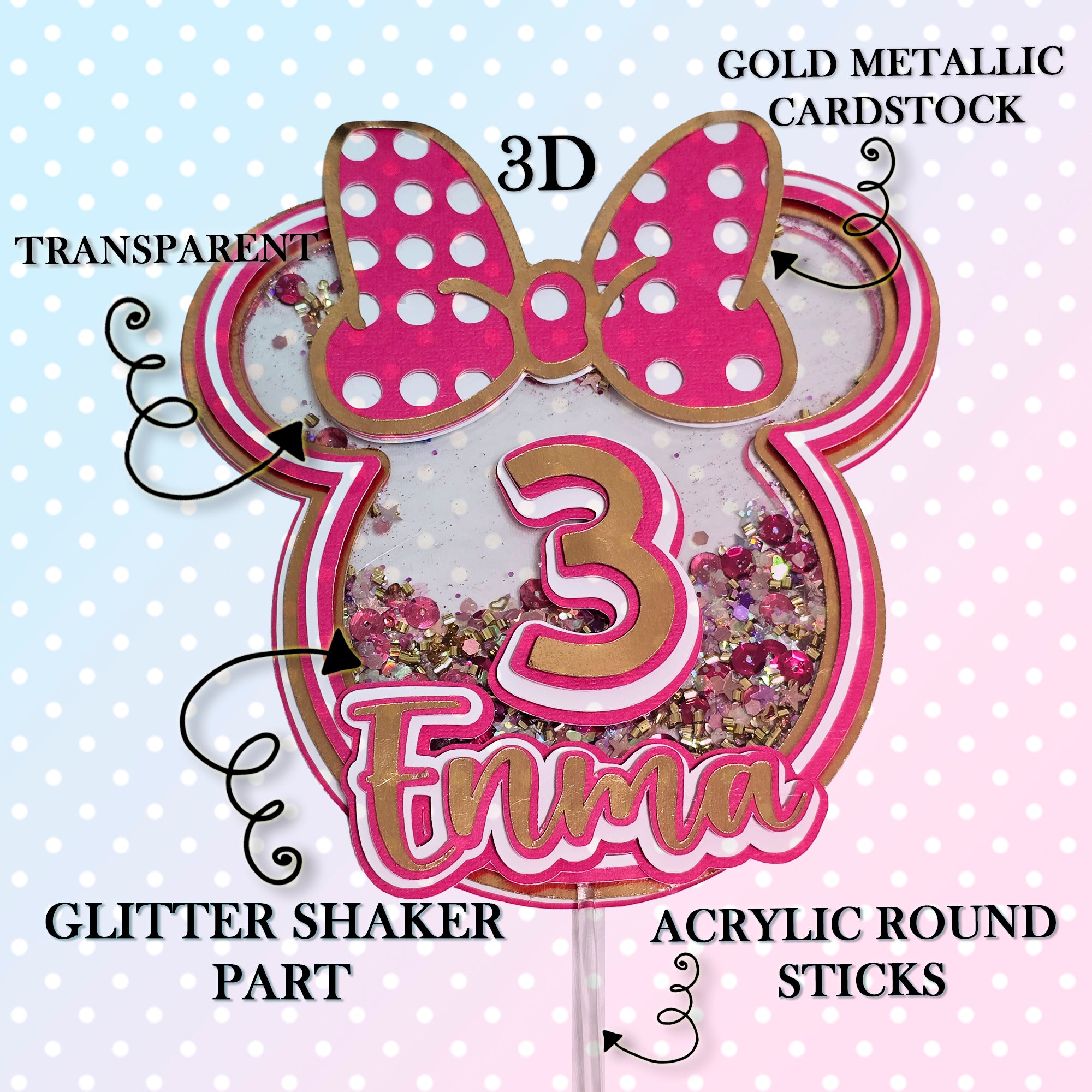 Personalized 3D Glitter Cartoon Cake Topper MINNIE