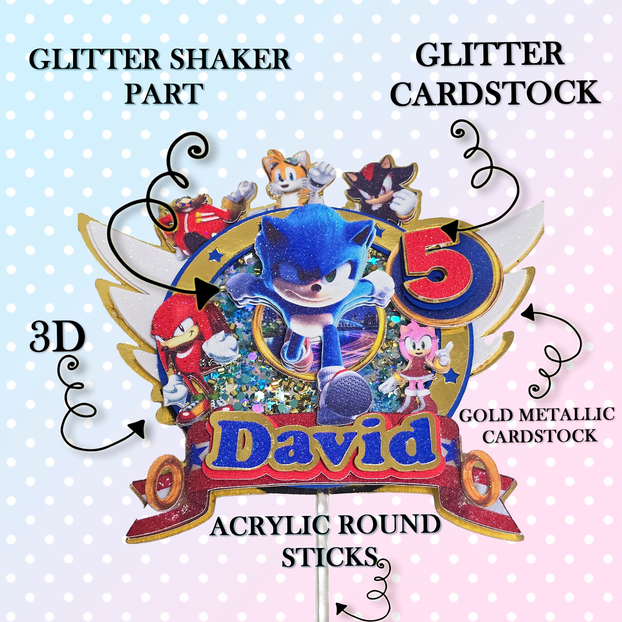 Personalized 3D Glitter Cartoon Cake Topper SONIC