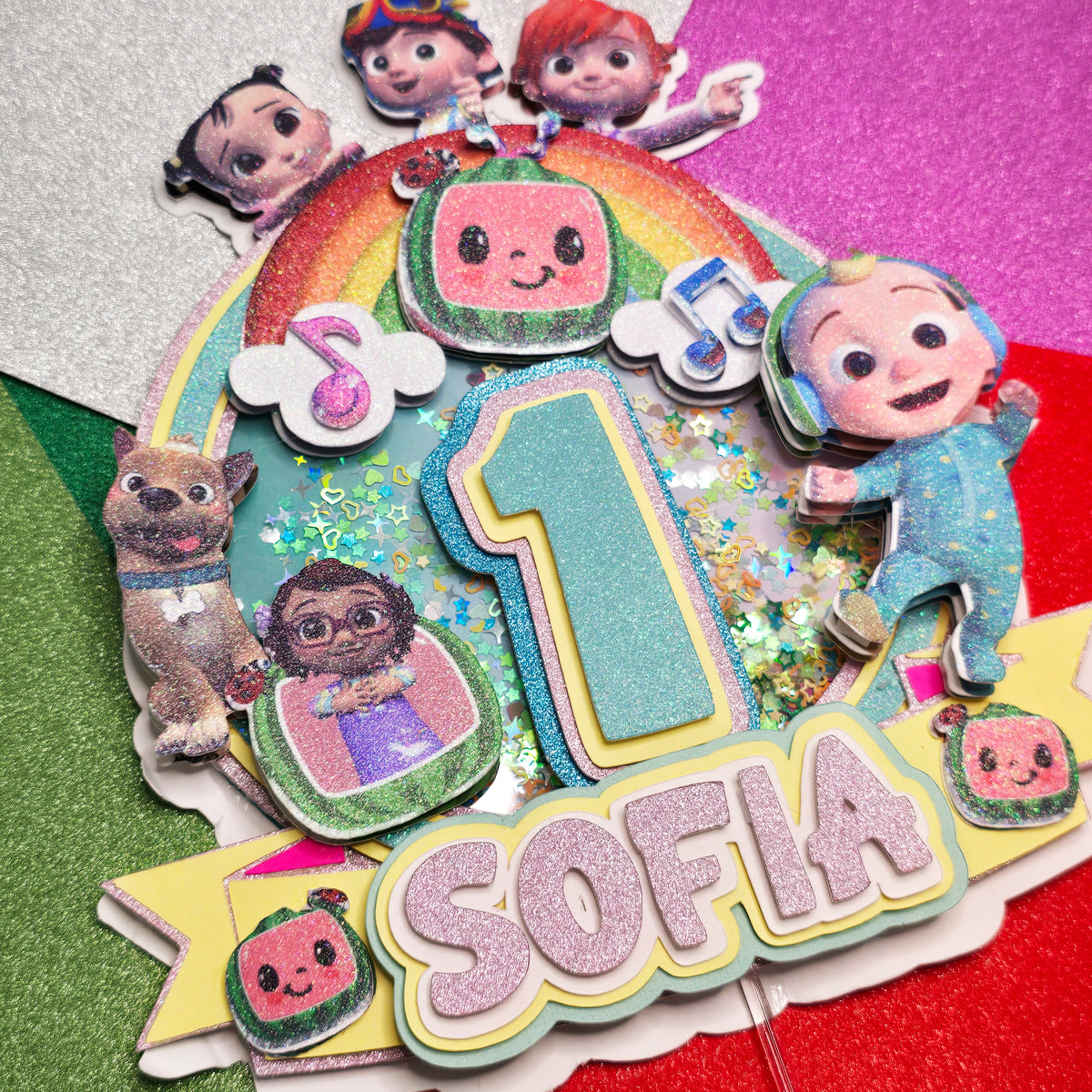 Adorno para tarta personalizado con purpurina 3D de dibujos animados COCOMELON