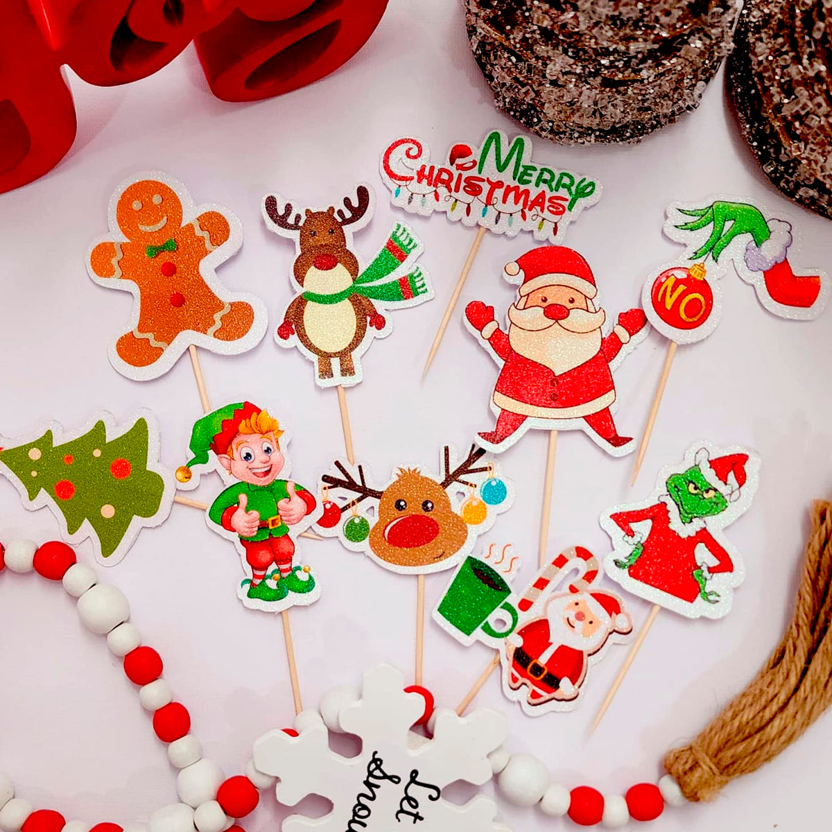 24 adornos brillantes para cupcakes. 10 diseños adorables para cupcakes navideños. Decoración de comida, palillos para fiestas de cumpleaños y postres.