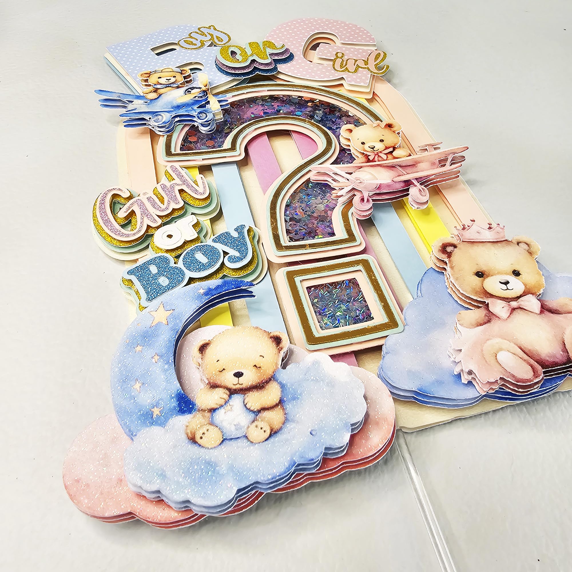 Decorative Cake Topper, Boy or Girl Gender Reveal, Stuffed Bears and Rainbow Arch