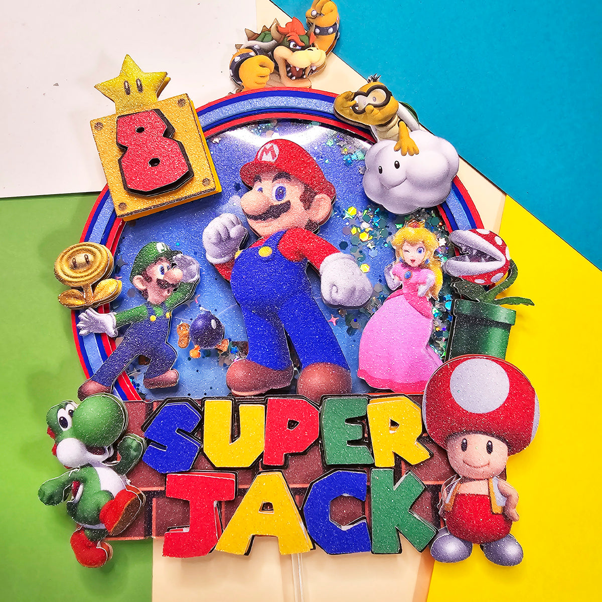 Adorno para tarta de dibujos animados con purpurina 3D personalizado de SUPER MARIO