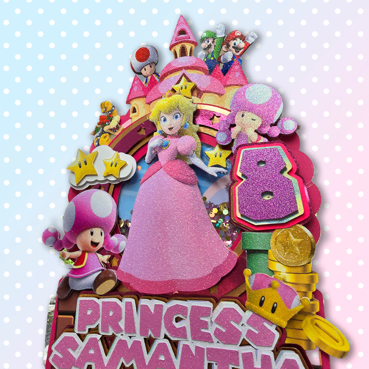 Adorno para tarta de dibujos animados con purpurina 3D personalizado de PRINCESS PEACH