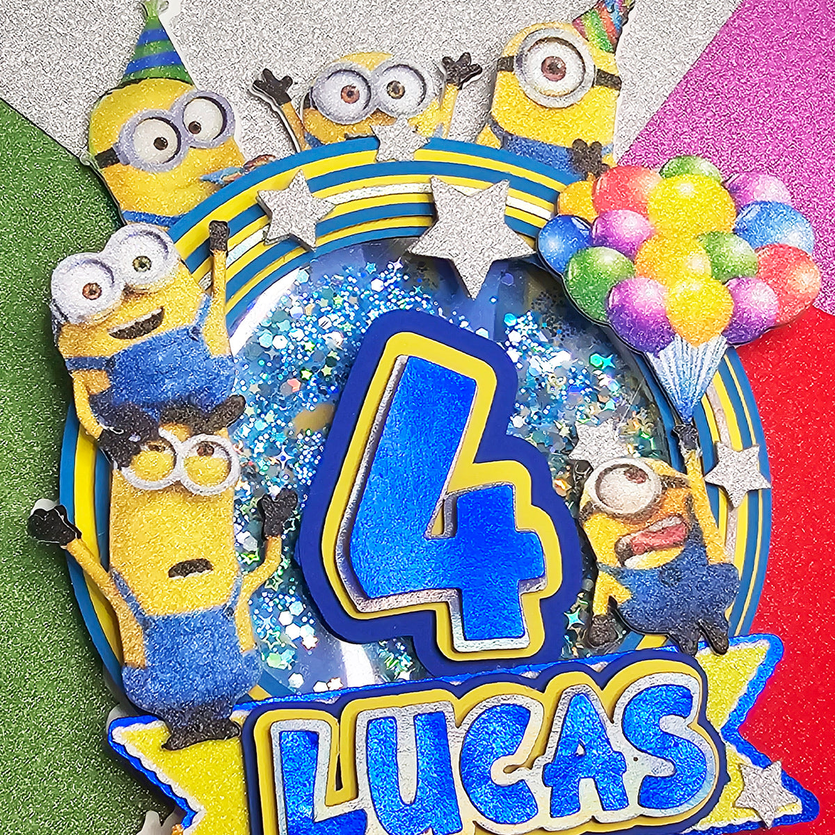 Adorno para tarta de dibujos animados con purpurina 3D personalizado de los MINNIONS
