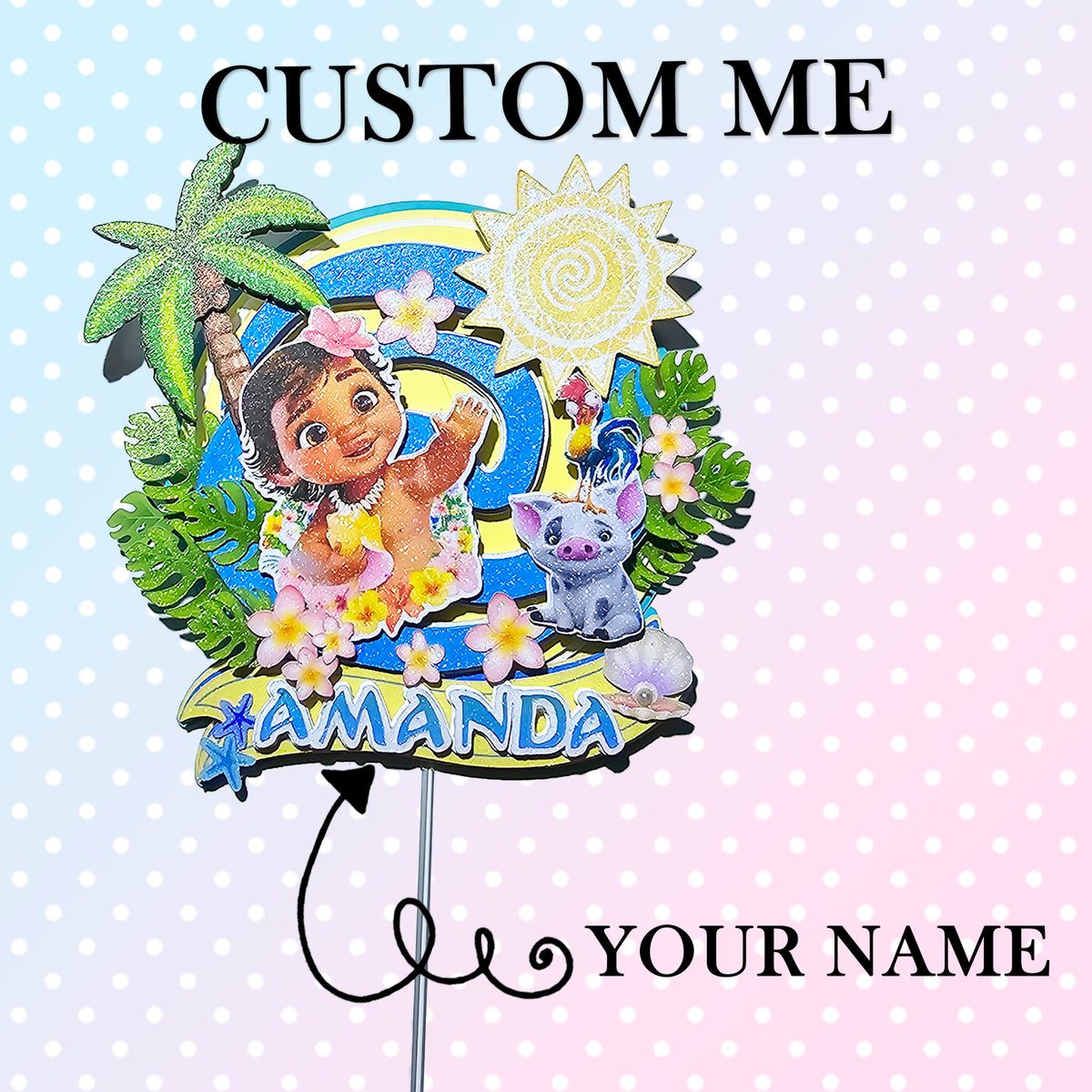 Personalized 3D Glitter Cartoon Cake Topper PRINCCES BABY MOANA