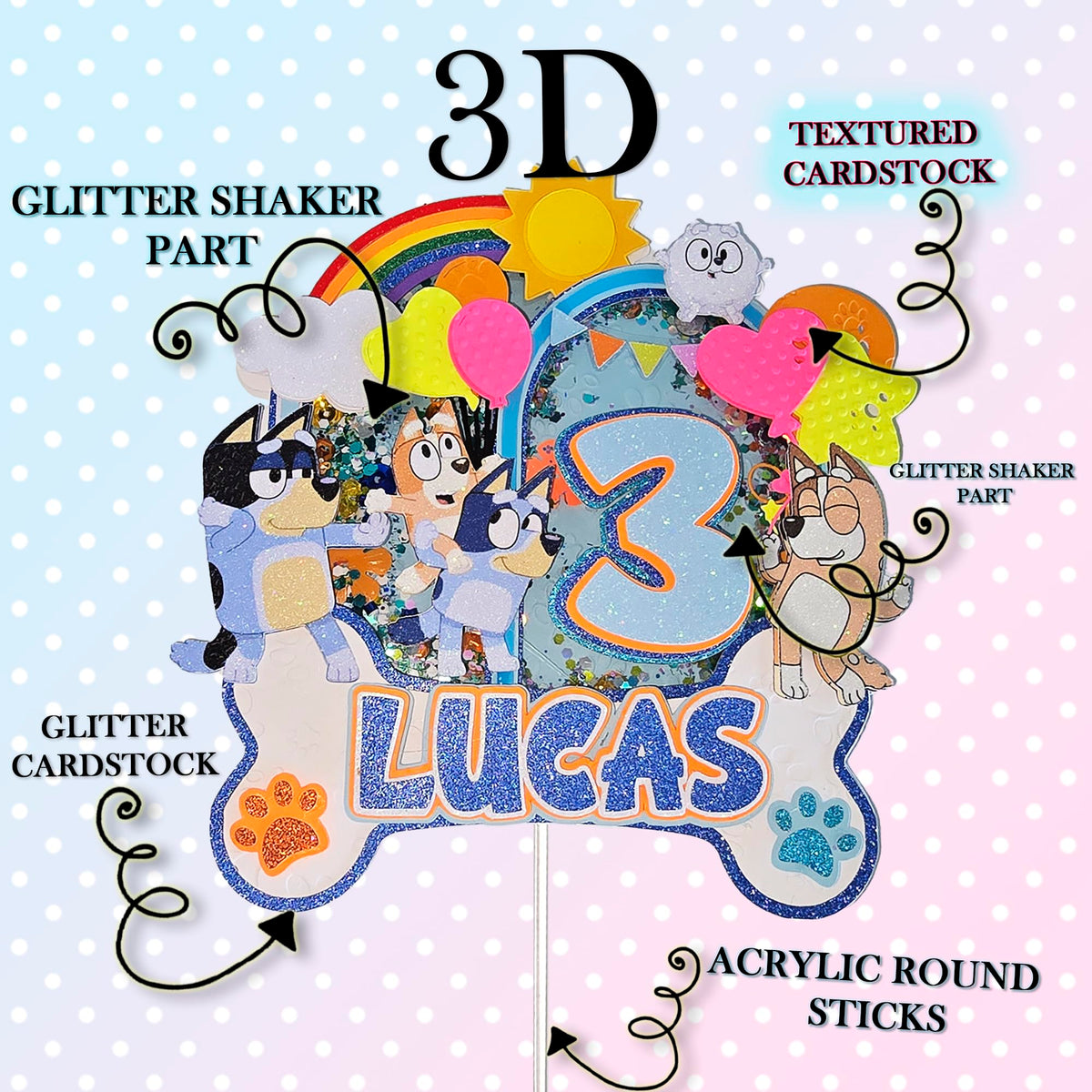 Adornos para tartas personalizados con dibujos animados de purpurina 3D para cumpleaños infantiles